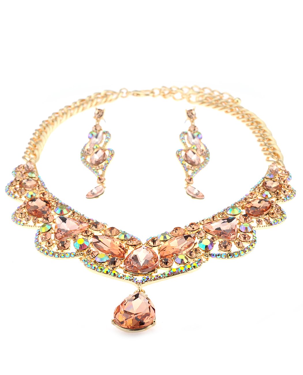 NYFashion101 Elegant Teardrop Accent Stone Necklace & Earrings Set - Dangling Crystal Jewelry for Women | Perfect for Parties, Weddings & Date Nights