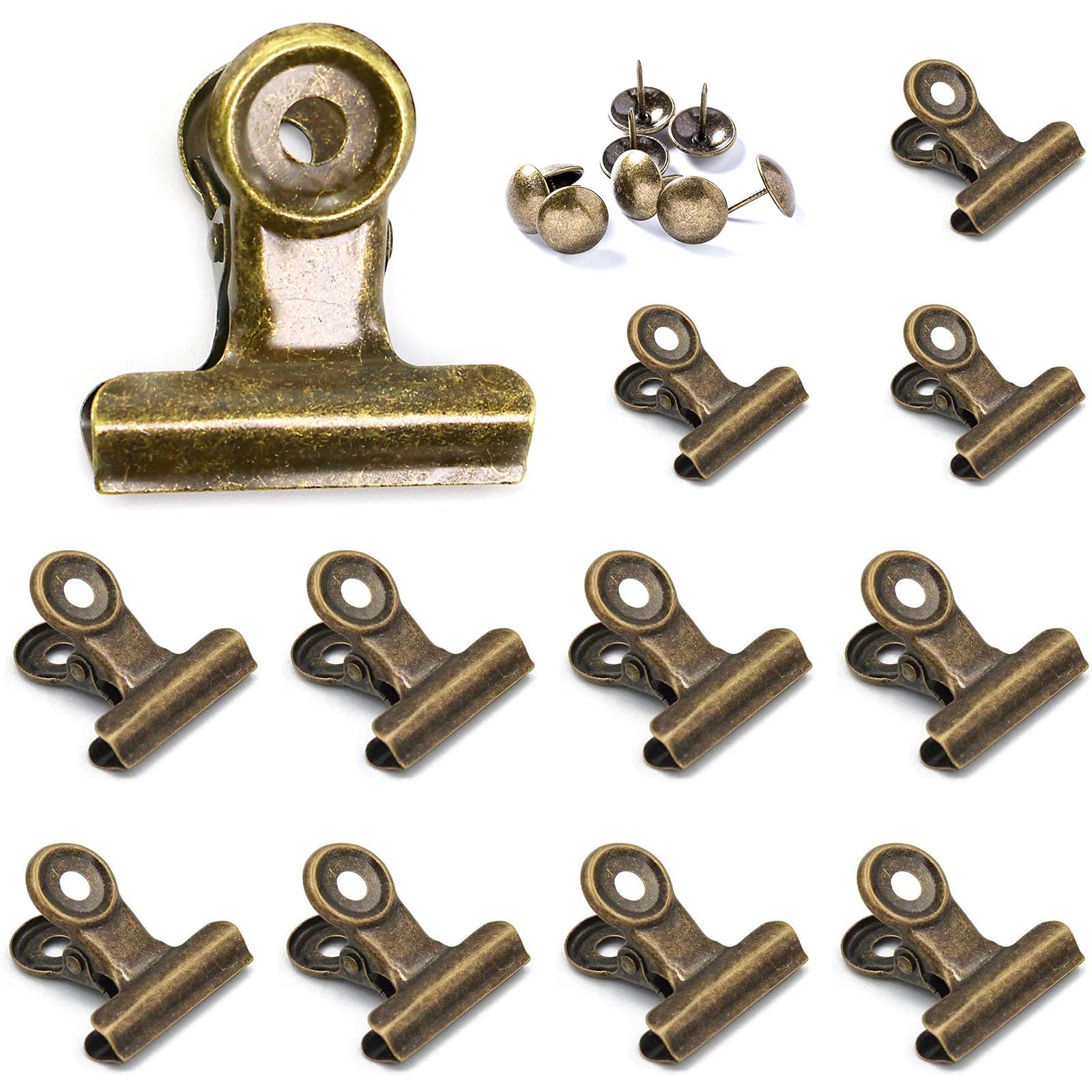 12 Pack 1.5 Inch Bronze Metal Clips with Push Pins - Heavy Duty Bulldog Clips for Hanging Pictures, Office Documents & School Projects | Small Hinge Clips for Cork Boards, Crafts & DIY | Multipurpose Mini Binder Clips for Paper Organization & File Clamping - Perfect for Home, Office & Classroom Use