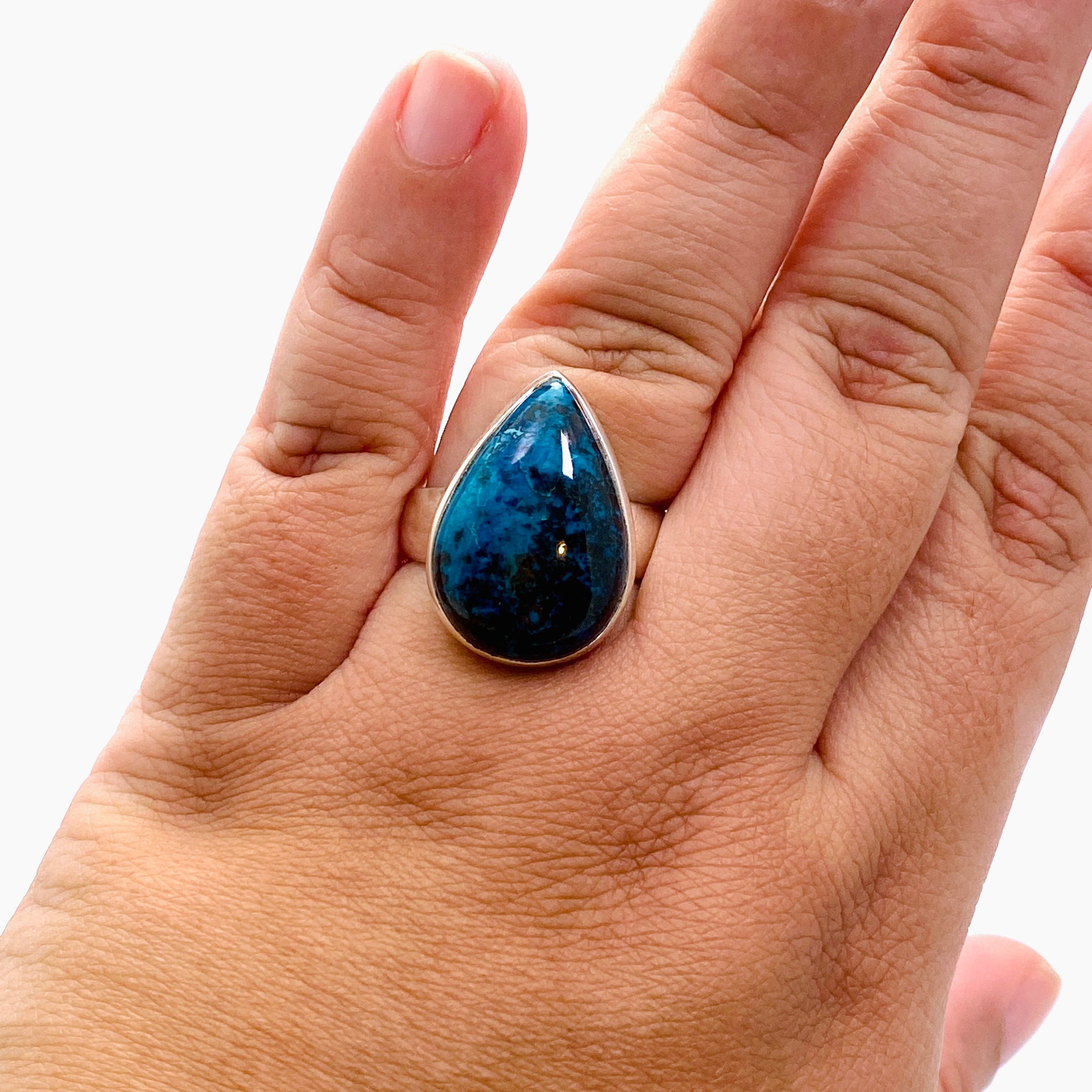Shattuckite Teardrop Cabochon Ring - Size 12 - Handmade Gemstone Jewelry - Unique Blue Crystal Ring for Women - Perfect for Boho Fashion, Spiritual Healing & Gift Giving