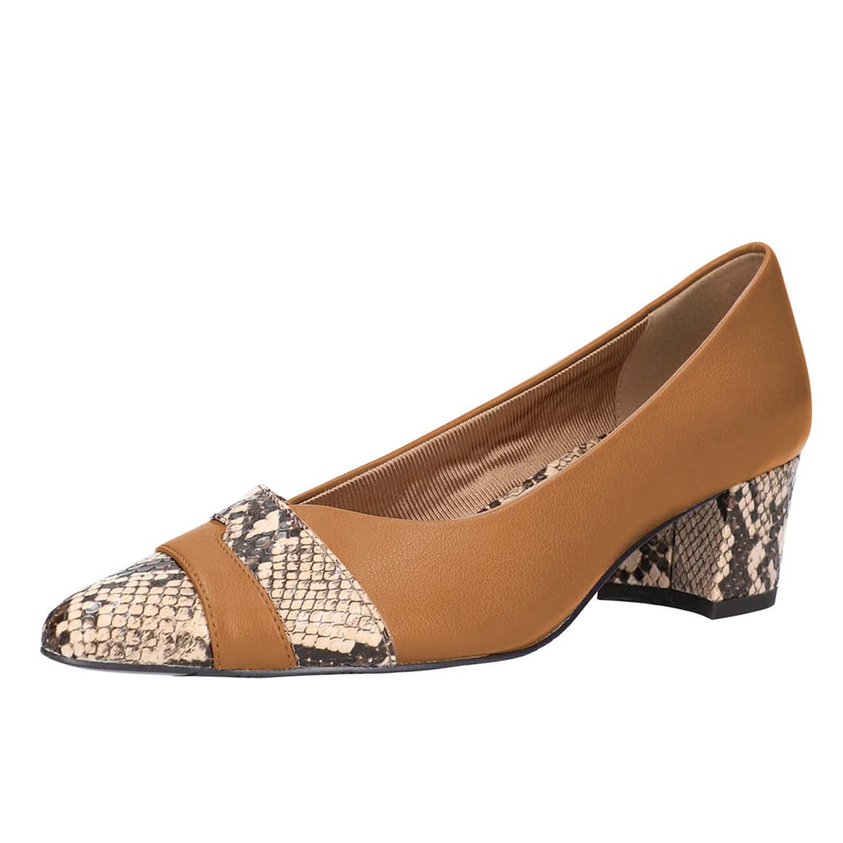 YDN Women's Fashion Block Chunky Low Heel Snakeskin Patchwork Pumps - Pointed Toe Slip On Dress Shoes for Business, Office, Wedding & Formal Occasions - Comfortable Work Shoes for Spring & Autumn Seasons
