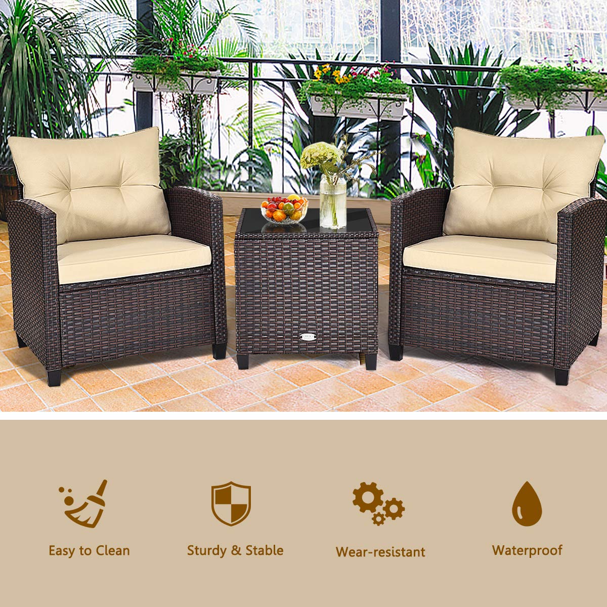 KOTEK 3-Piece Outdoor Patio Furniture Set with Washable Cushions & Tempered Glass Tabletop - PE Rattan Wicker Bistro Set for Porch, Garden, Balcony, Backyard (Beige) | Perfect for Relaxing, Entertaining & Outdoor Dining