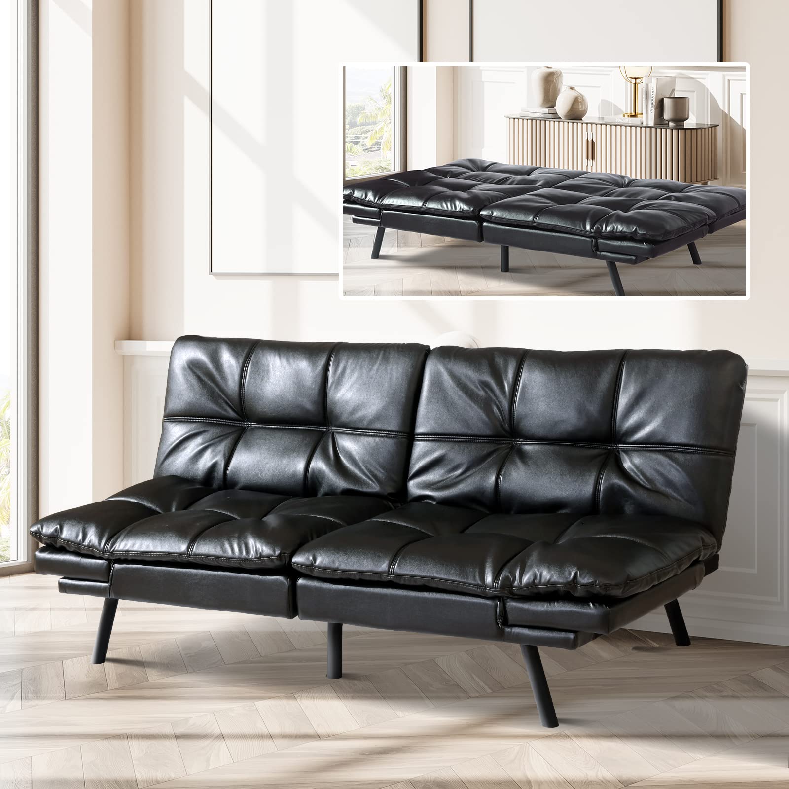 Opoiar Convertible Futon Sofa Bed with Memory Foam - Modern Folding Sleeper Couch with Adjustable Armrest & Backrest - Perfect for Small Spaces, Studio Apartments, Dorms & Guest Rooms (Faux Leather) - Great for Lounging, Napping & Overnight Guests