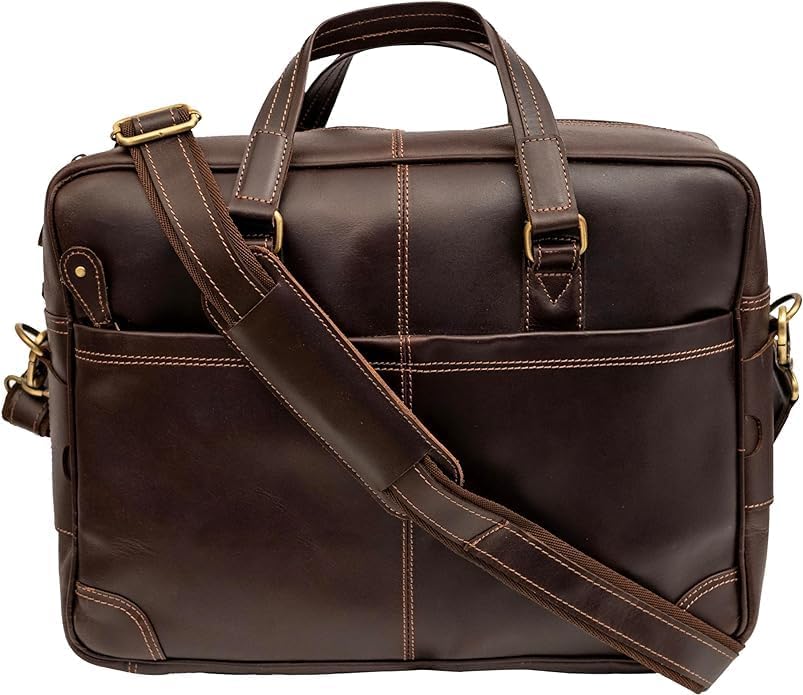 Premium Brown Genuine Leather Laptop Bag - 16 Inch Stylish Business Briefcase for Men & Women - Multiple Pockets & Adjustable Shoulder Strap - Perfect for Office, Travel & Commuting
