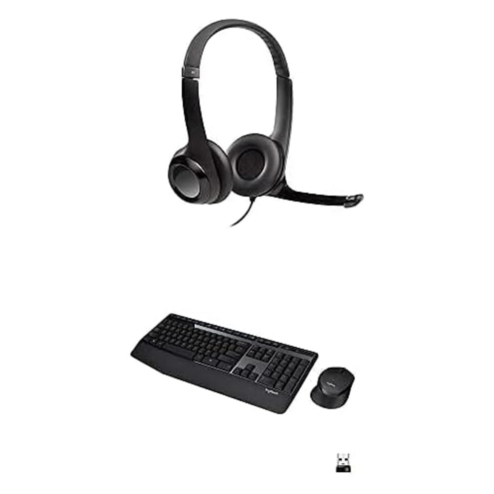 Logitech H390 USB Headset with Noise Cancelling Microphone & MK345 Wireless Keyboard and Mouse Combo - Ergonomic Full-Size Keyboard with Wrist Rest and Comfortable Right-Hand Mouse for Office, Gaming, and Home Use