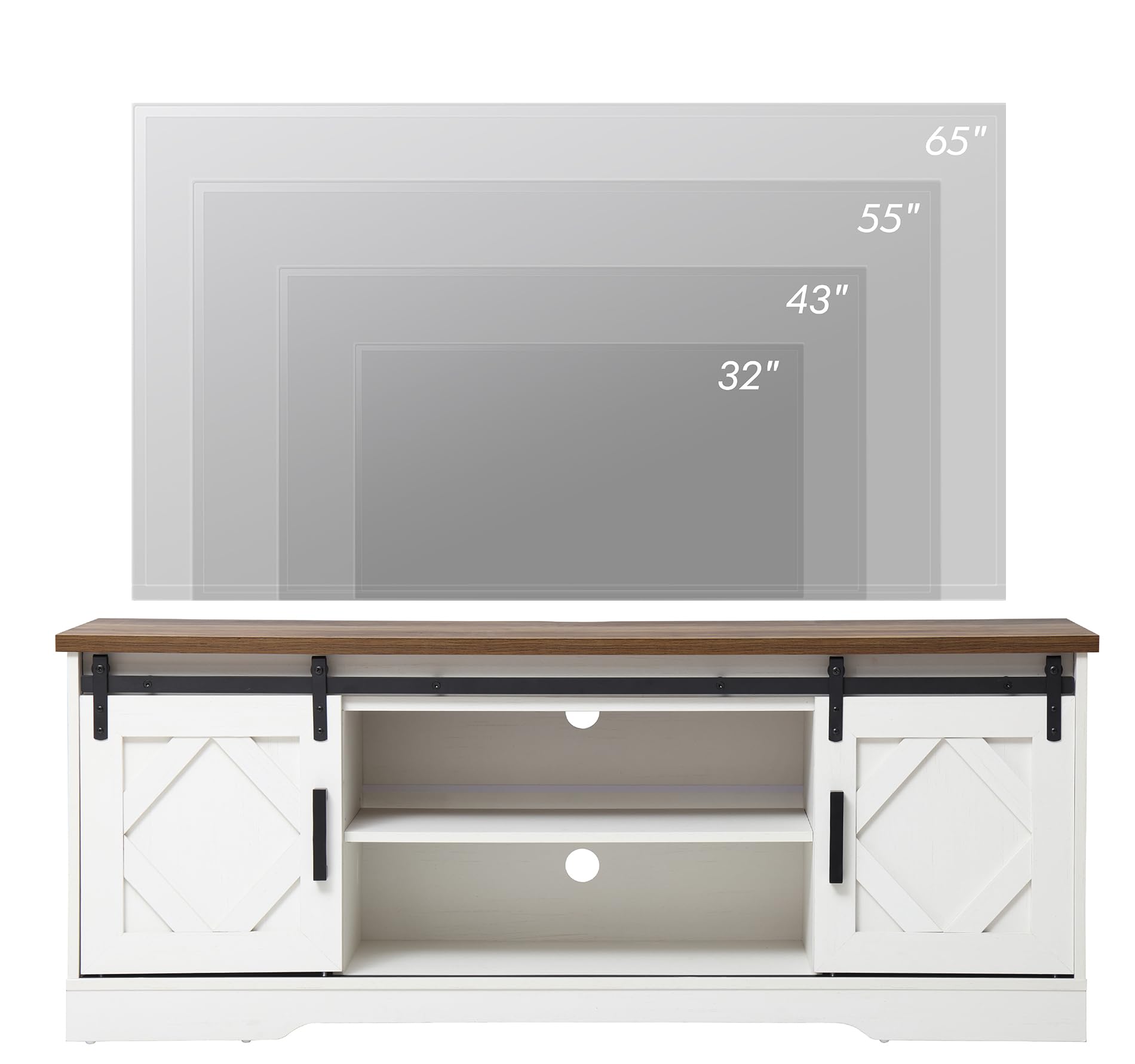 WAMPAT 65 Inch Farmhouse Sliding Barn Door TV Stand - Modern Wood Media Console with 3 Adjustable Shelves, Storage Cabinet for Living Room - White/Oak Finish - Perfect for Home Theater & Entertainment Setup
