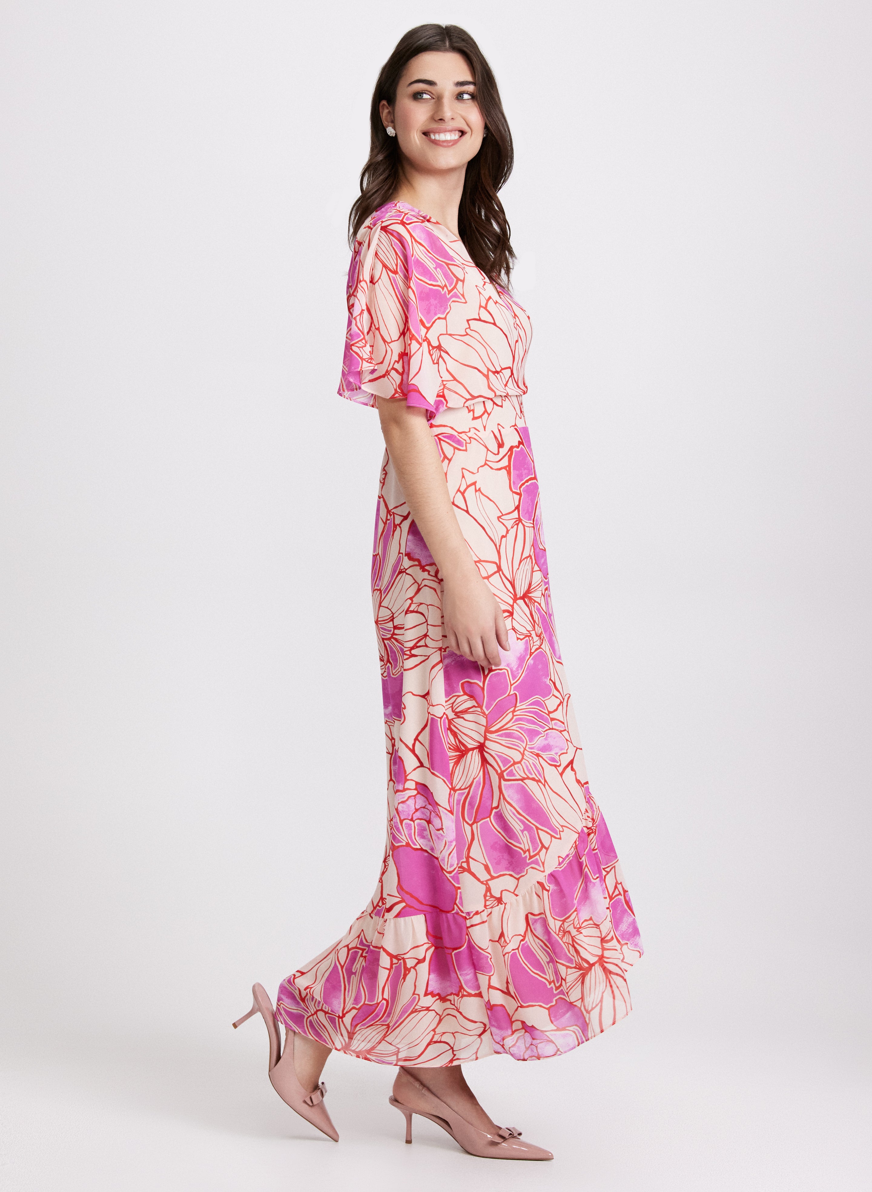 Elegant Floral Chiffon Dress for Women - Summer Boho Maxi Dress with V-Neck & Flowy Sleeves - Perfect for Beach Vacations, Weddings & Date Nights