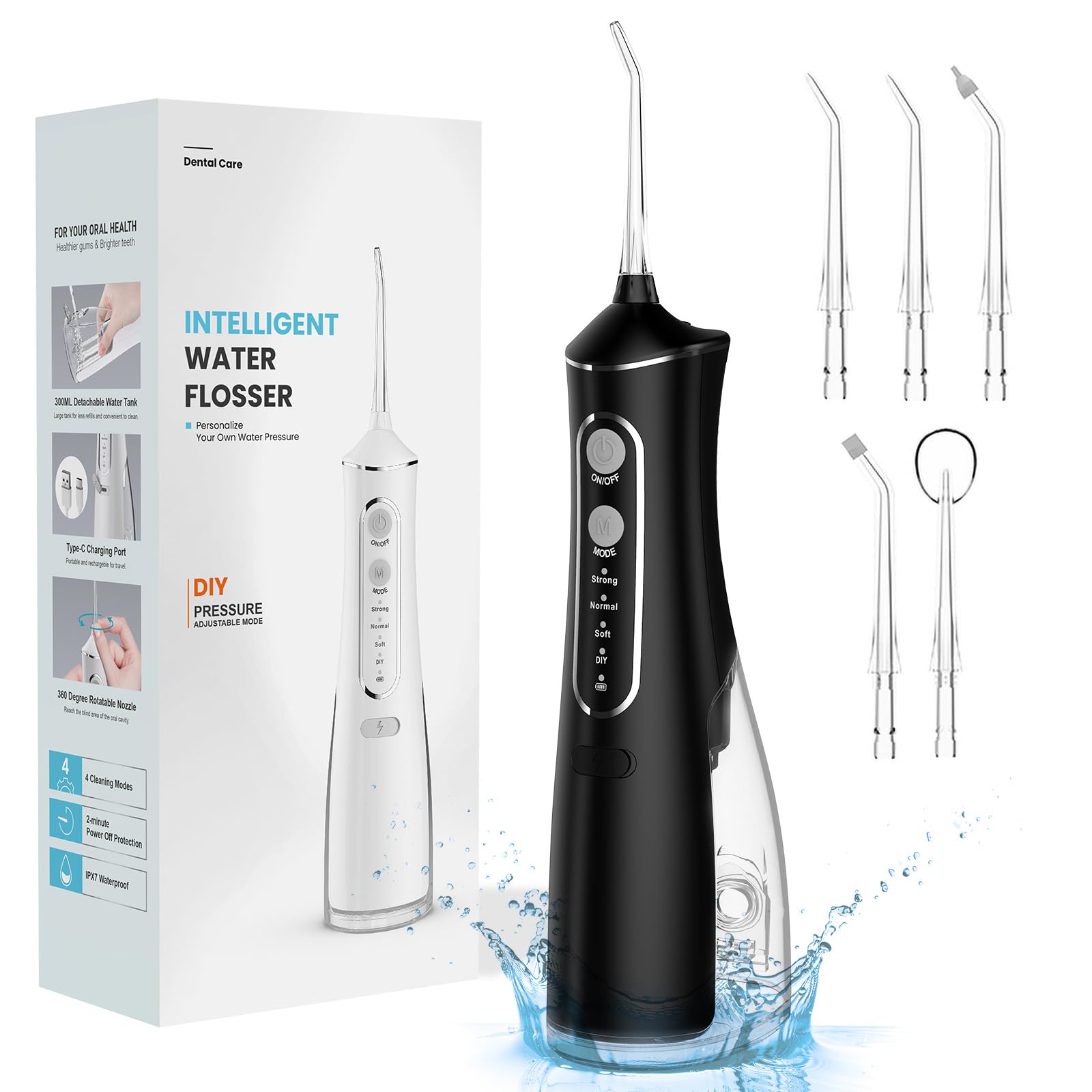 **Uthvouxy Cordless Water Flosser - Portable Rechargeable Dental Flosser with 4 Modes & 5 Tips, Waterproof Oral Irrigator for Teeth Cleaning, Home & Travel Use (Black)**    *Perfect for daily oral care, travel convenience, and deep cleaning between teeth and gums.*