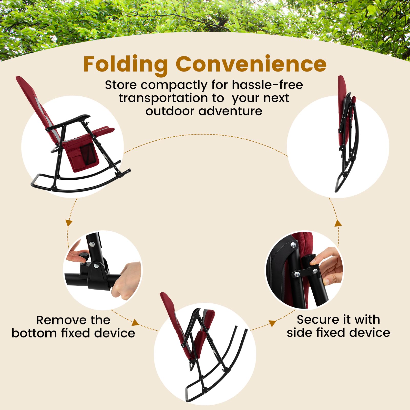 Tangkula Folding Rocking Chair Set - 350 lbs Capacity Foldable Camping Chair with Padded Seat, High Back & Armrests | Portable Indoor Outdoor Rocking Chair for Patio, Lawn, Backyard, Beach & Camping (Red)