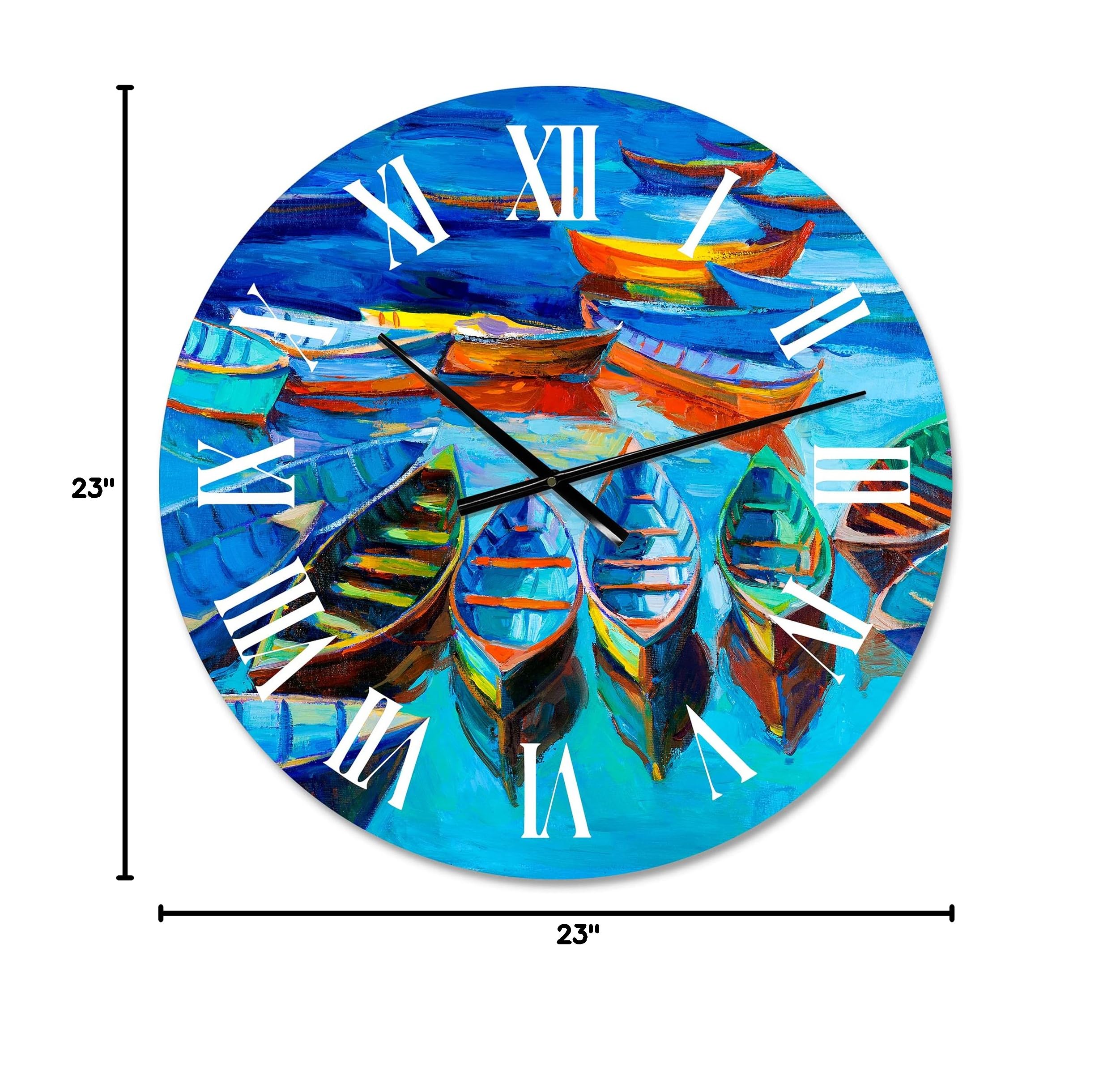 DesignQ Nautical Coastal Wall Clock - 'Little Boats Waiting in The Harbor' Blue Round Clock for Home, Office & Beach House Decor | Perfect for Living Room, Bedroom or Coastal-Themed Spaces
