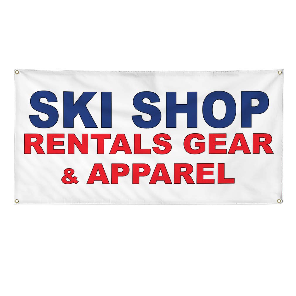 Durable 60x144 Inches Vinyl Banner with 10 Grommets - Weatherproof Outdoor Sign for Ski Shop Rentals, Gear & Apparel (Blue/Red) - Perfect for Business, Industrial & Yard Use