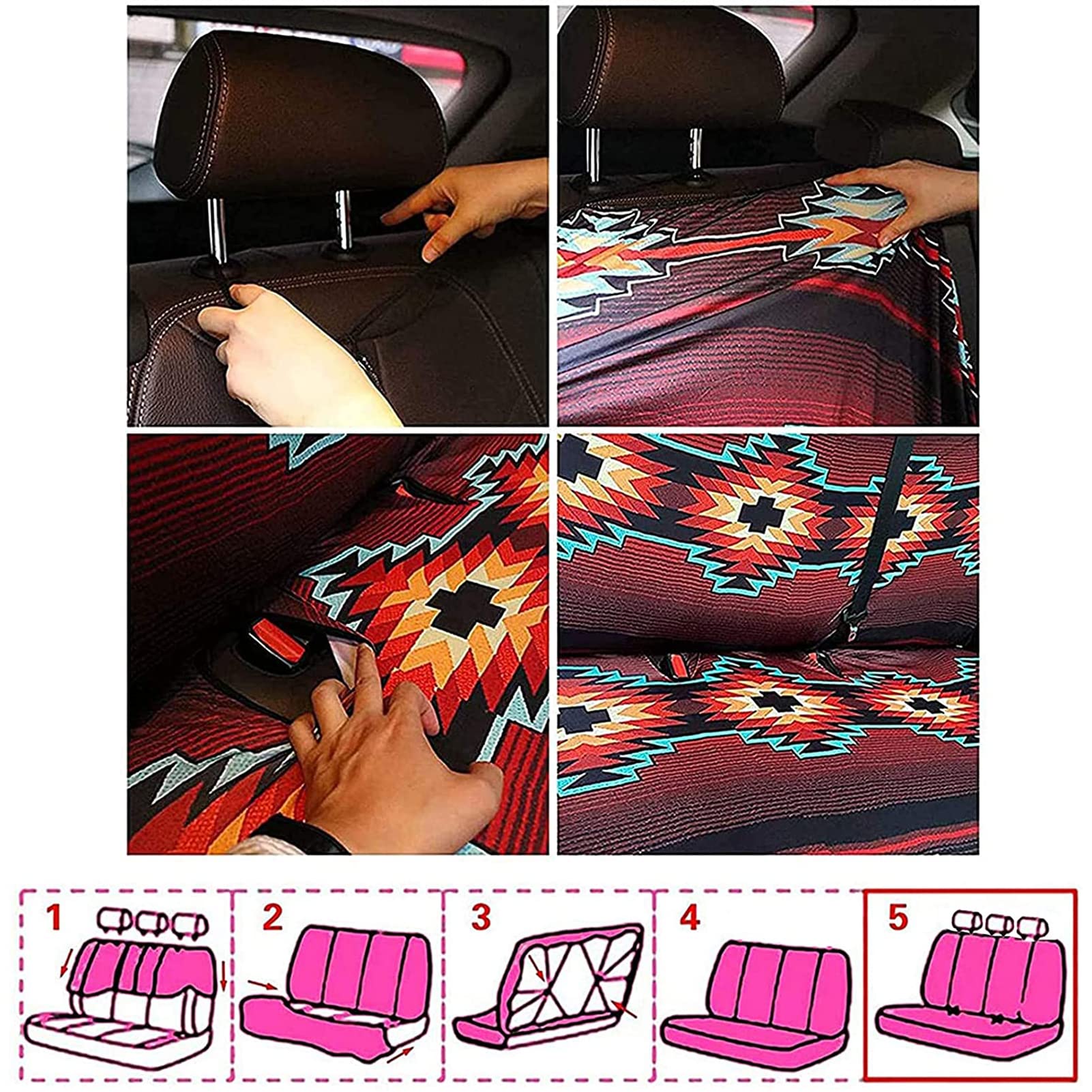 Aztec Rear Bench Seat Cover - Universal Stretchable Back Seat Protector for SUV & Truck - Split Design for Easy Access - Durable Car Interior Accessories for Kids & Pets - Perfect for Road Trips, Camping & Daily Commute