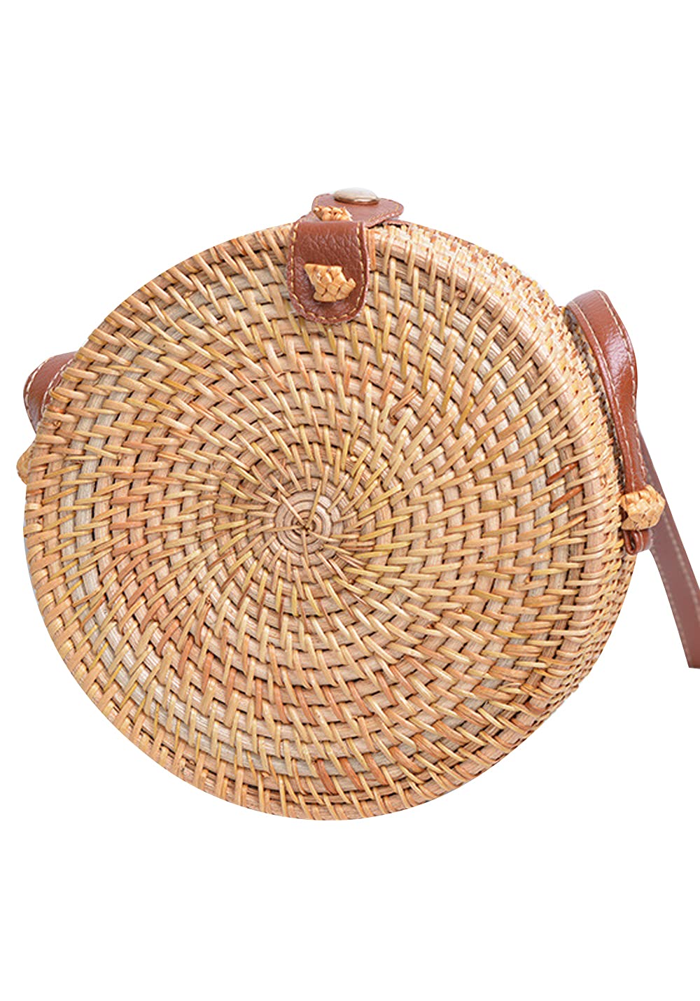 Handwoven Round Rattan Shoulder Bag - Natural Woven Beach Bag with Leather Strap for Women - Perfect for Tropical Vacations, Summer Outings & Boho Fashion Accessories