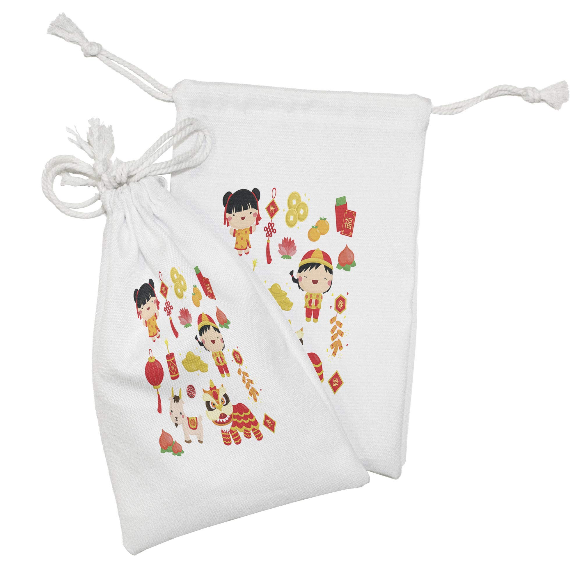 Ambesonne Chinese New Year Fabric Pouch Set of 2 - Joyful Holiday Themed Drawstring Bags with Animals & Cultural Elements (9