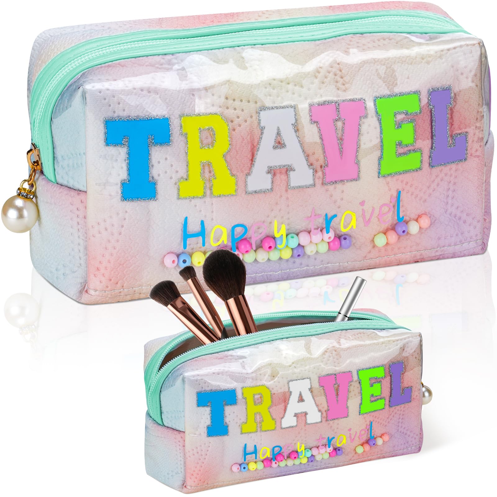 Stylish Colorful Preppy TRAVEL Letter Patch Makeup Bag - Large Capacity Cosmetic Organizer for Women & Girls, Holds More Makeup & Toiletries - Perfect for Daily Use, Travel, Gym & Weekend Getaways