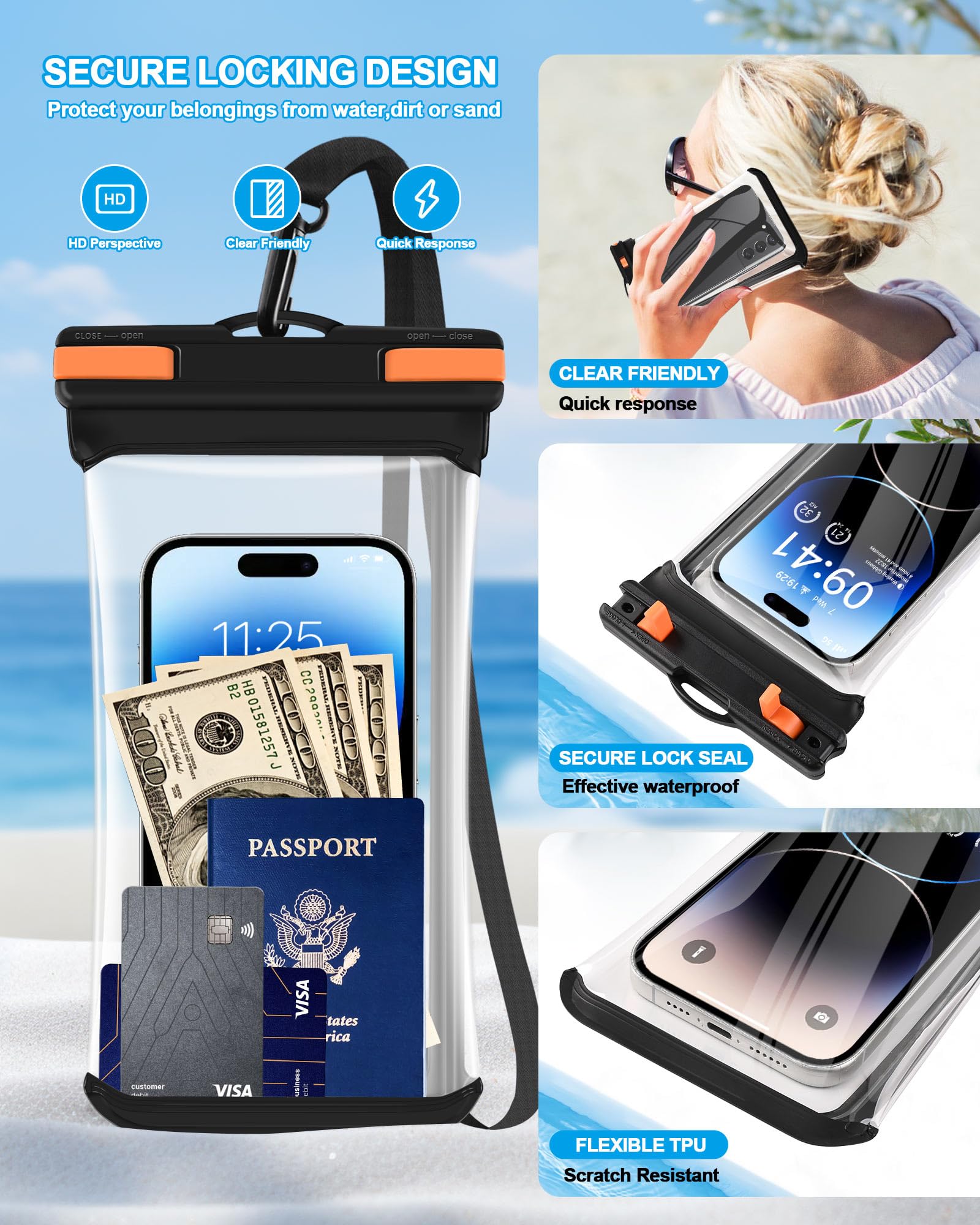 Waterproof Phone Pouch 7.2 Inch - IPX8 Waterproof Phone Case for iPhone 15 14 Pro Max, Galaxy S24 S23, Pixel 8 - Dry Bag for Beach, Pool, Water Park & Cruise Travel Essentials - Black