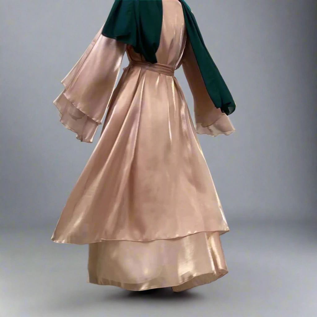 Elegant Double Layer Satin Open Abaya Dress for Women - Modest Muslim Prayer Dress for Mosque, Eid & Special Occasions