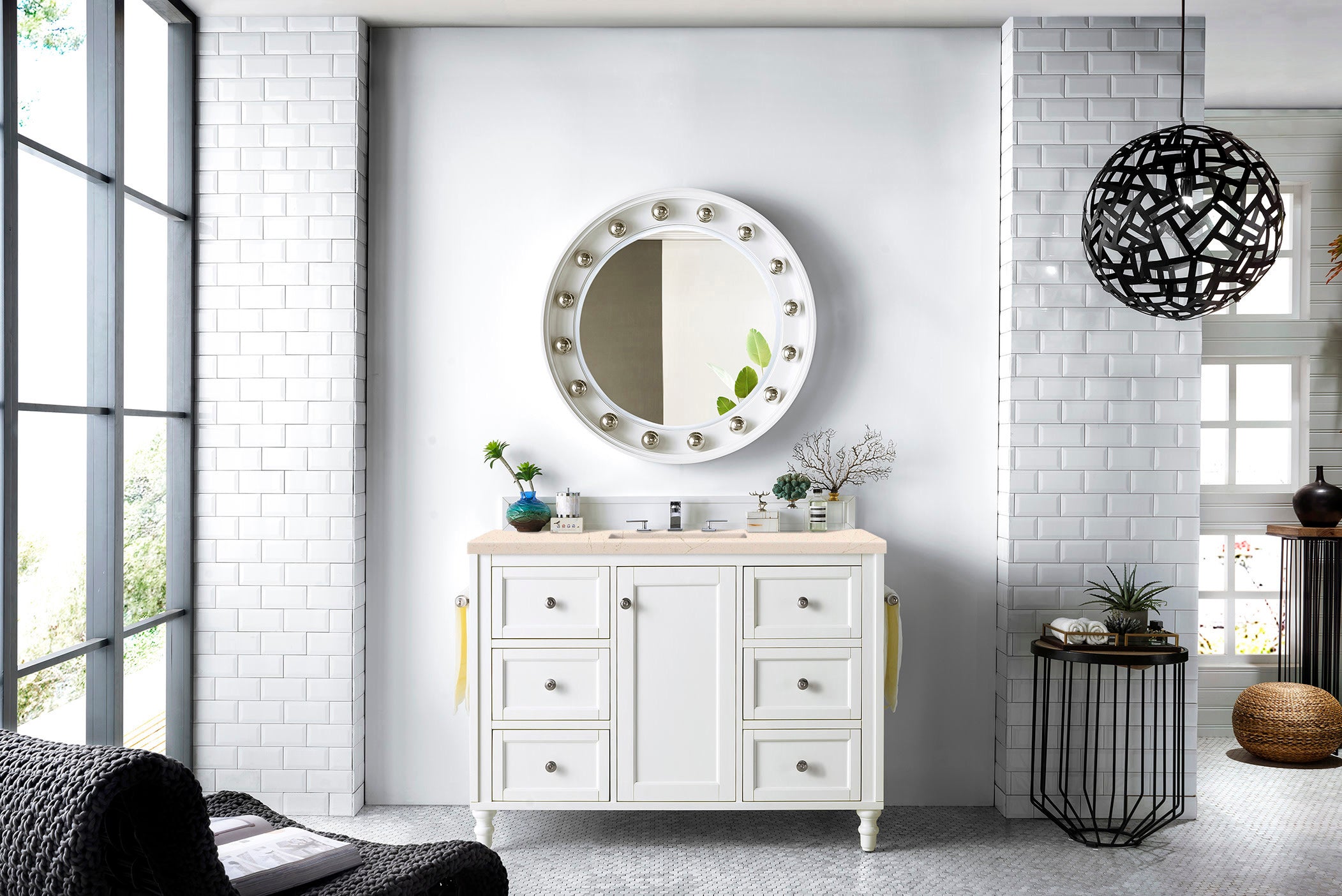 Copper Cove Encore 48 Inch Single Bathroom Vanity with 3CM Eternal Marfil Quartz Countertop - Bright White Finish | Perfect for Modern Master Bathrooms & Guest Bath Remodels