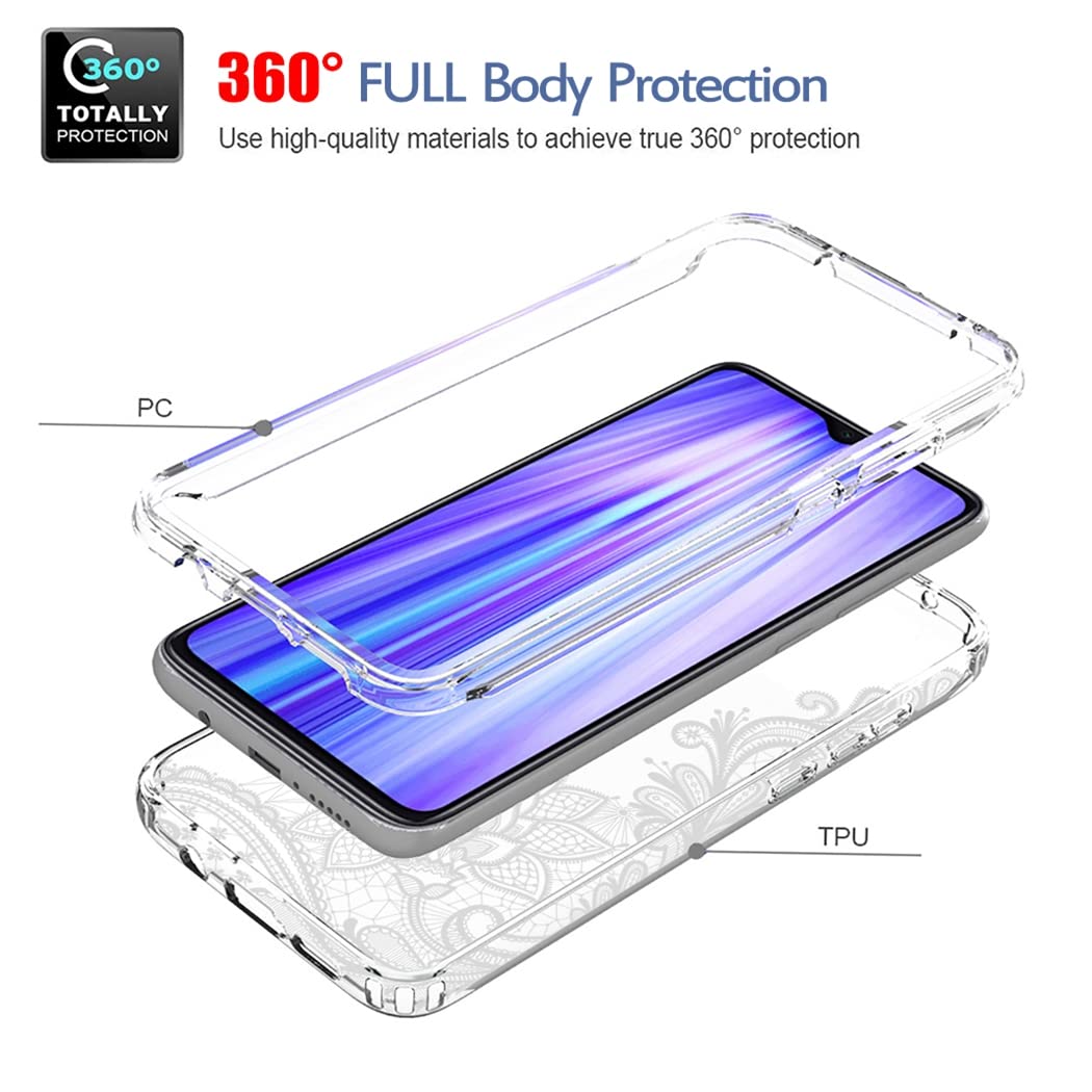 Premium Clear Mandala Phone Case for Xiaomi Redmi Note 8 Pro (M1906G7I) with Tempered Glass Screen Protector - Slim Full Body Protective Cover - Perfect for Daily Use, Travel & Gift Giving