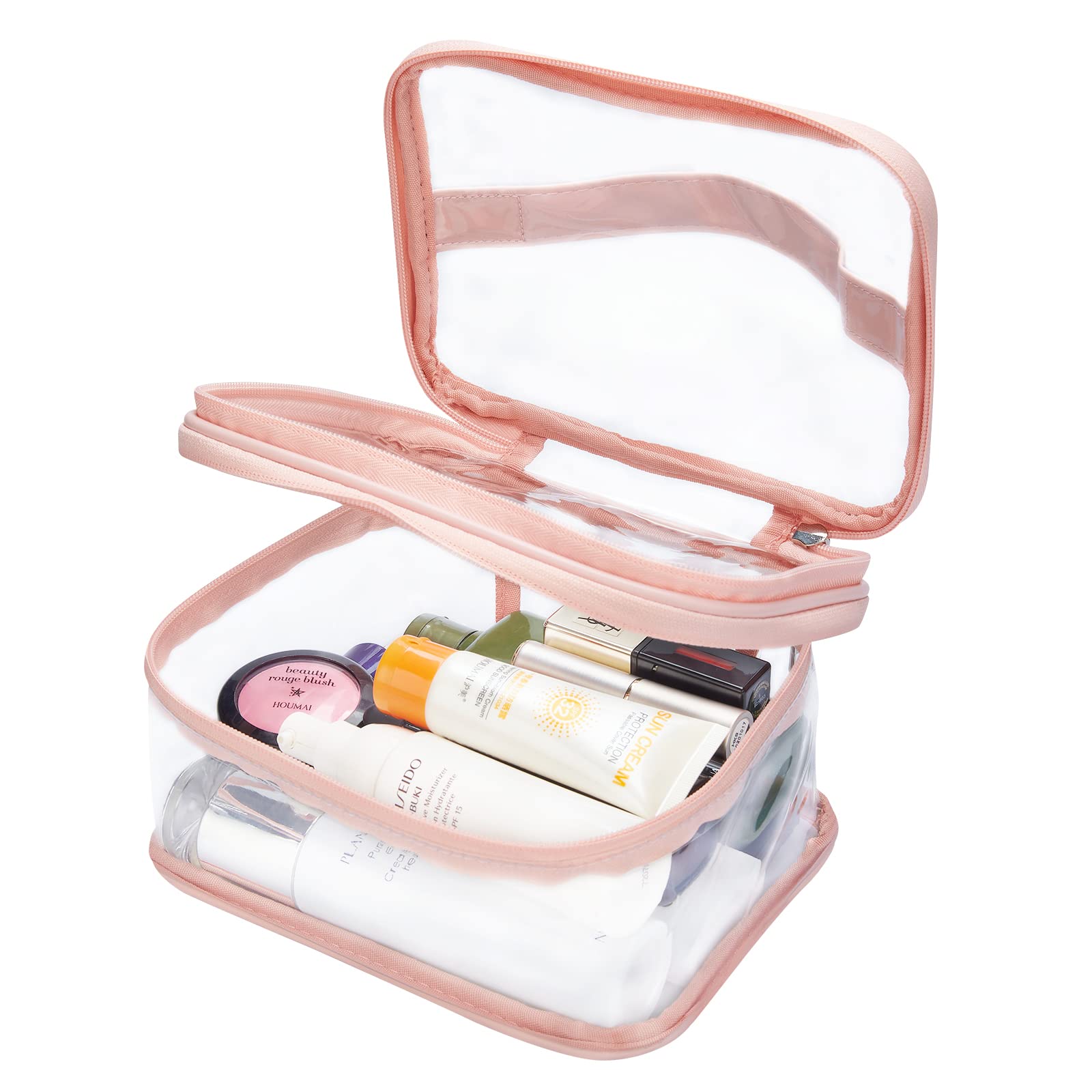 Double Layer Clear Cosmetic Bag - Waterproof Travel Makeup Organizer for Toiletries, Hair & Nail Accessories - Transparent PVC Beach Bag (Pink) | Perfect for Travel, Gym, Beach & Daily Organization