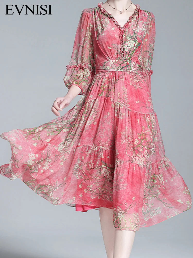 EVNISI Women's Boho Chiffon Summer Dress - V-Neck Floral Print A-Line Red Elegant Office Dress for Women | Perfect for Parties, Weddings & Summer Outings