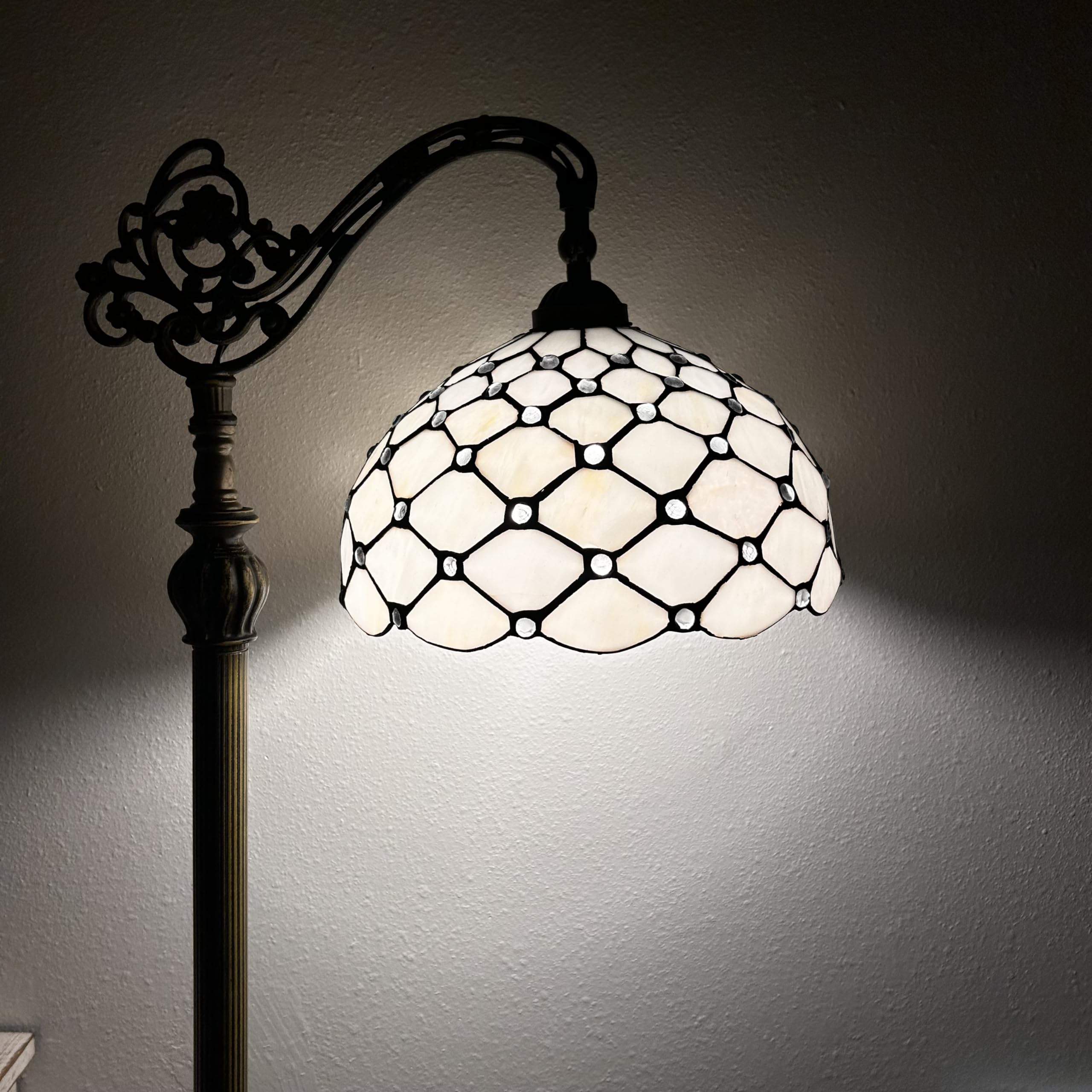 Tiffany Style Floor Lamp with White Stained Glass & Crystal Beads - Adjustable Gooseneck LED Reading Light for Living Room, Bedroom (20
