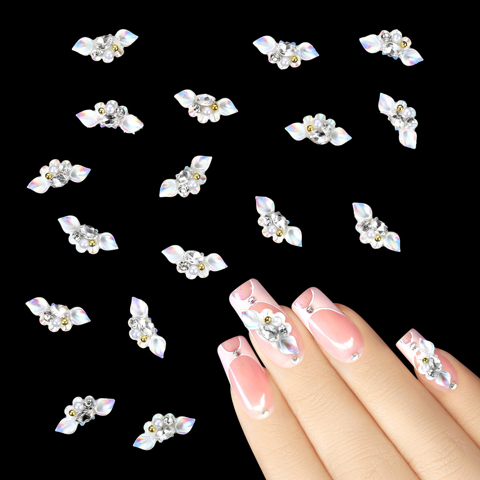 20Pcs 3D White Flower Nail Charms with Pearls - Elegant Resin Nail Art Decorations for Women - Perfect for Bridal, Party, and Salon Nail Designs