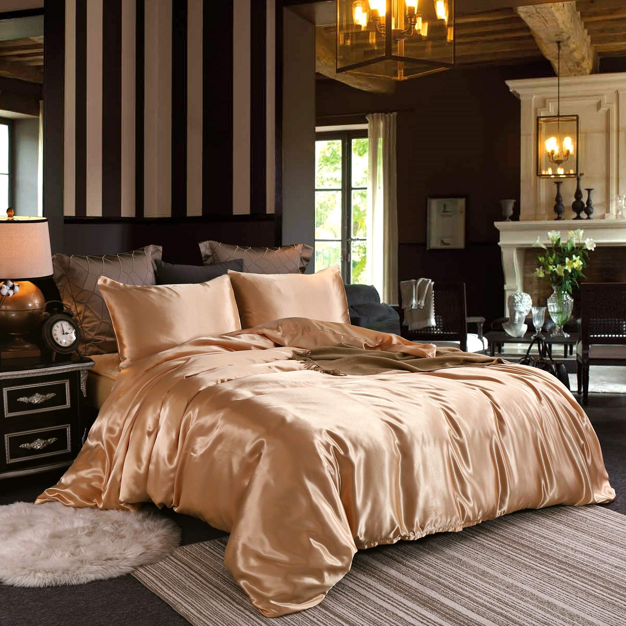 Luxury Gold Twin Duvet Cover Set - 3 Piece Silky Satin Bedding with Zipper Closure (68x90 Inches) - Ultra Soft Twin Size Comforter Cover + 2 Pillow Shams for Elegant Bedroom Decor | Perfect for Guest Rooms, Master Bedrooms & Cozy Sleep Retreats