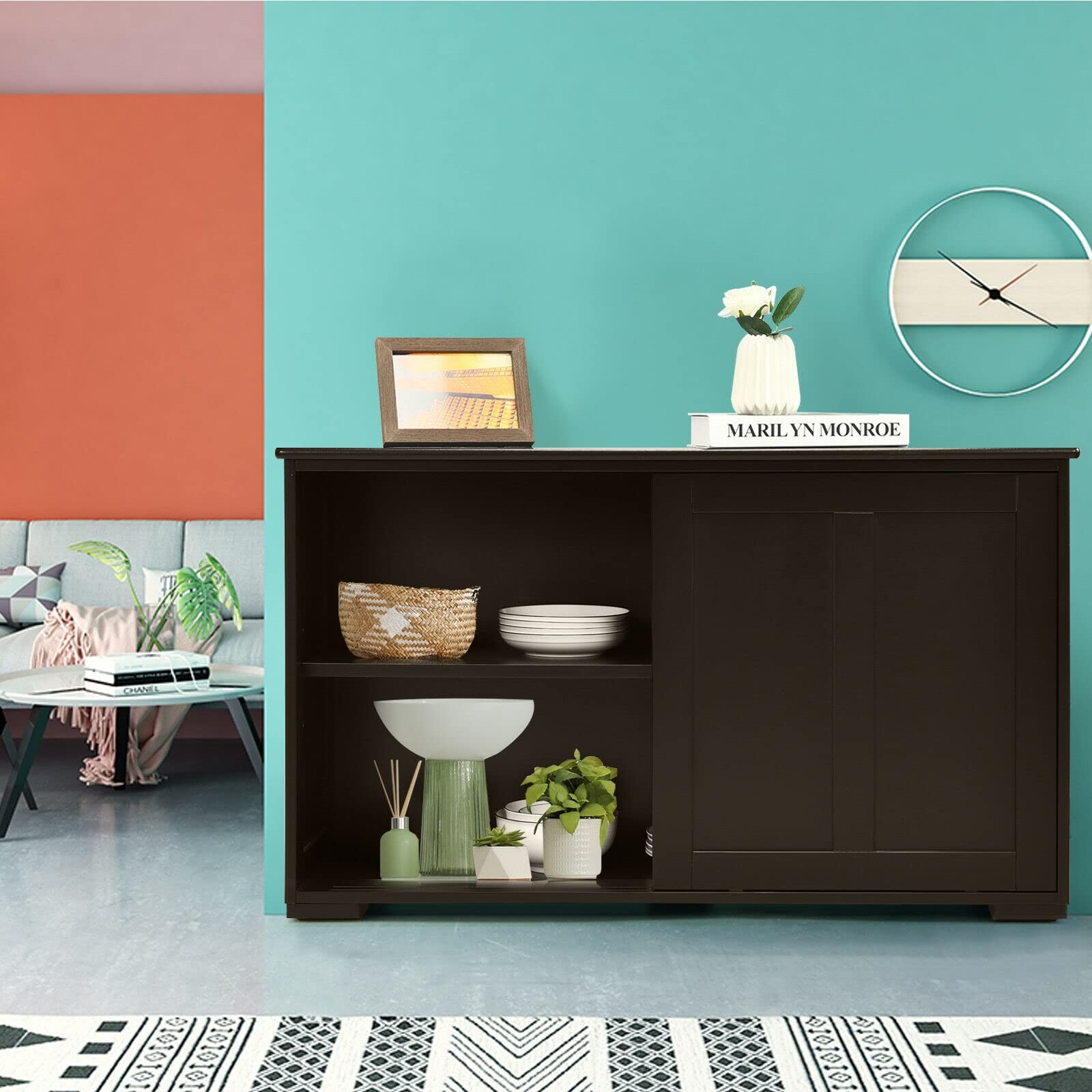 LHONE Stackable Wooden Storage Cabinet with Sliding Doors - Kitchen Sideboard Buffet Cupboard for Dining Room & Home Organization (Brown) - Perfect for Small Spaces & Modern Kitchens