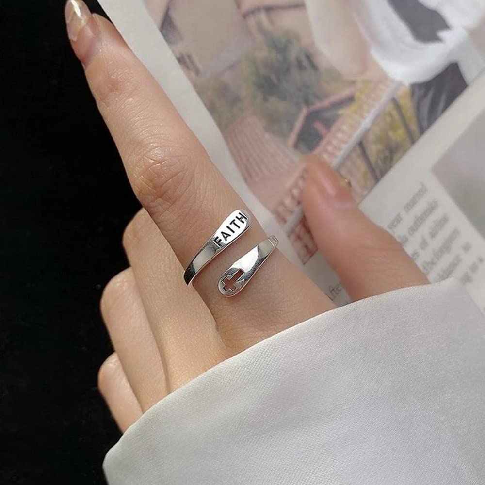 Faith Cross Sterling Silver Open Statement Rings - Adjustable Minimalist Hope Love Eternity Wedding Band Promise Ring - Wrap Finger Bands Fashion Jewelry Gifts for Women & Men - Perfect for Christmas, Weddings, Anniversaries & Daily Wear