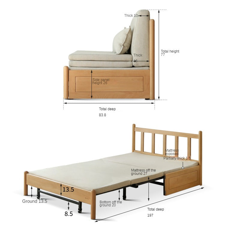 Solid Beech Wood Sofa Bed - Convertible Sleeper Sofa for Small Spaces, Guest Room & Living Room - Comfortable & Space-Saving Furniture