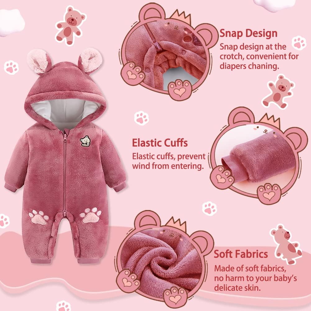 Xifamniy Baby Boy & Girl Winter Fleece Footie Romper Jumpsuit - Warm Thick Hooded Snowsuit for Newborns | Perfect for Cold Weather, Outdoor Play & Winter Photoshoots