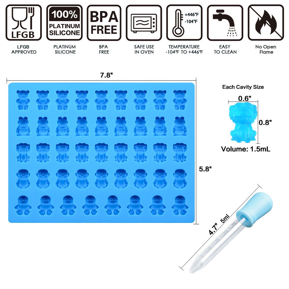 Premium Silicone Candy Molds for Gummy Bears, Chocolate - 4-Pack with 2 Droppers (Bears, Frogs, Lions, Monkeys, Penguins) - Perfect for DIY Candy Making, Baking, and Party Treats