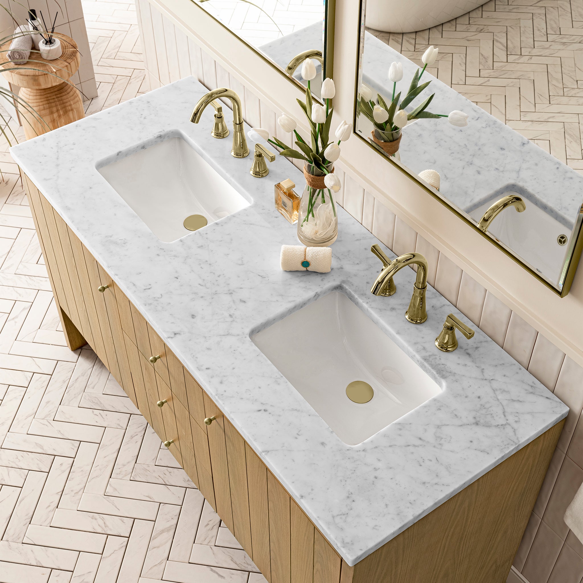 Hudson 60-Inch Double Vanity with Carrara Marble Top - Light Natural Oak Bathroom Vanity for Modern Homes | Perfect for Master Bathroom Renovation & Guest Bathroom Upgrade