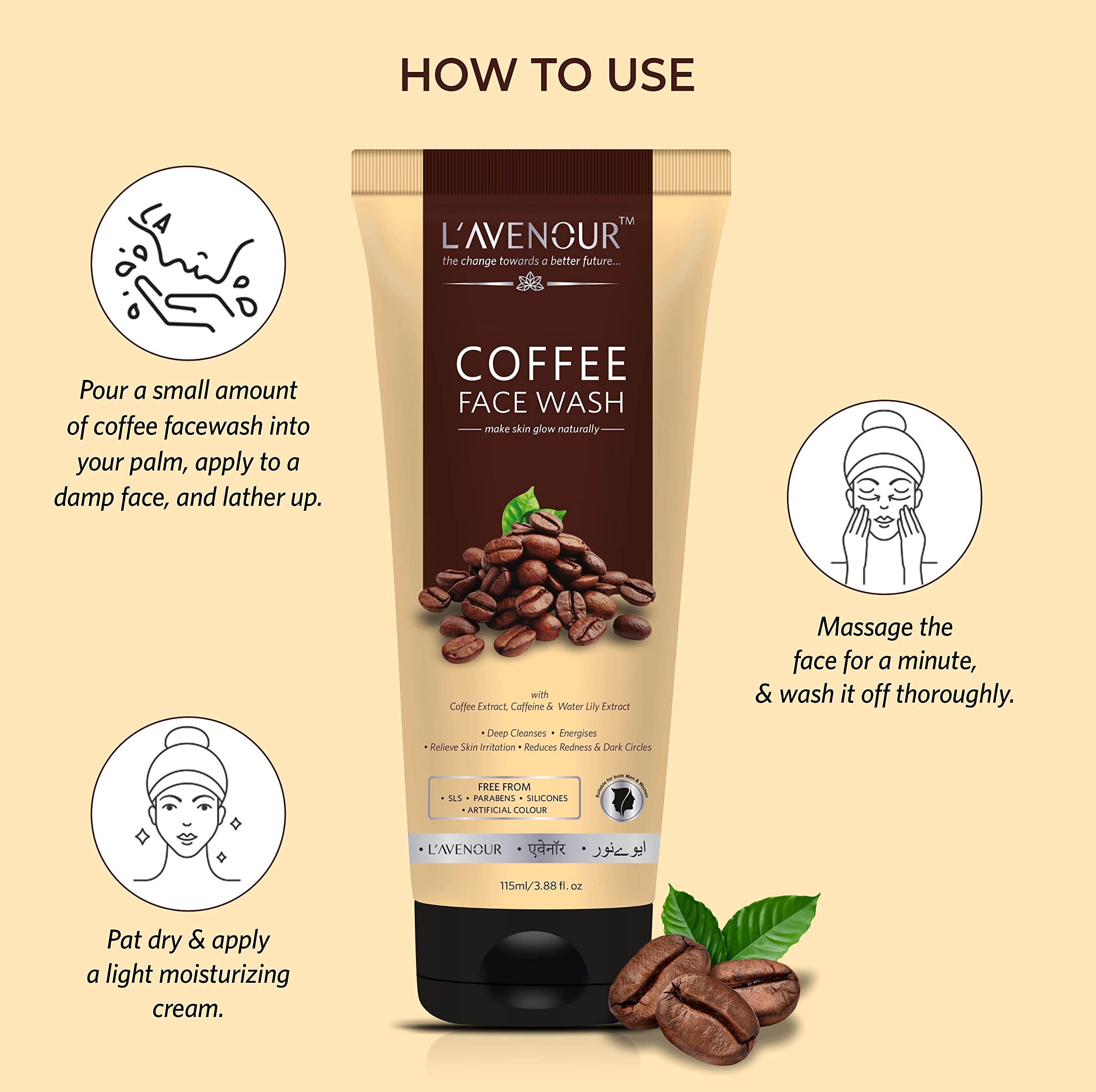 L'avenour Deep Cleansing Coffee Face Wash - Reduces Redness & Dark Circles, 115ml - Gentle Exfoliating Facial Cleanser for Acne-Prone & Sensitive Skin - Perfect for Morning & Night Skincare Routine