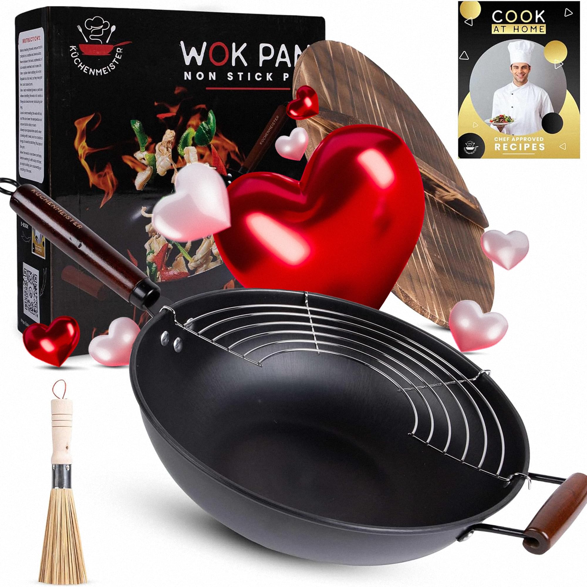 Küchenmeister 12.5-Inch Carbon Steel Wok Pan with Lid - Nonstick Flat Bottom Stir Fry Pan for Induction, Gas, Electric & Halogen Stoves | Includes Brush & Oil Strainer | Perfect for Asian Cooking, Stir-Frying & Home Chefs