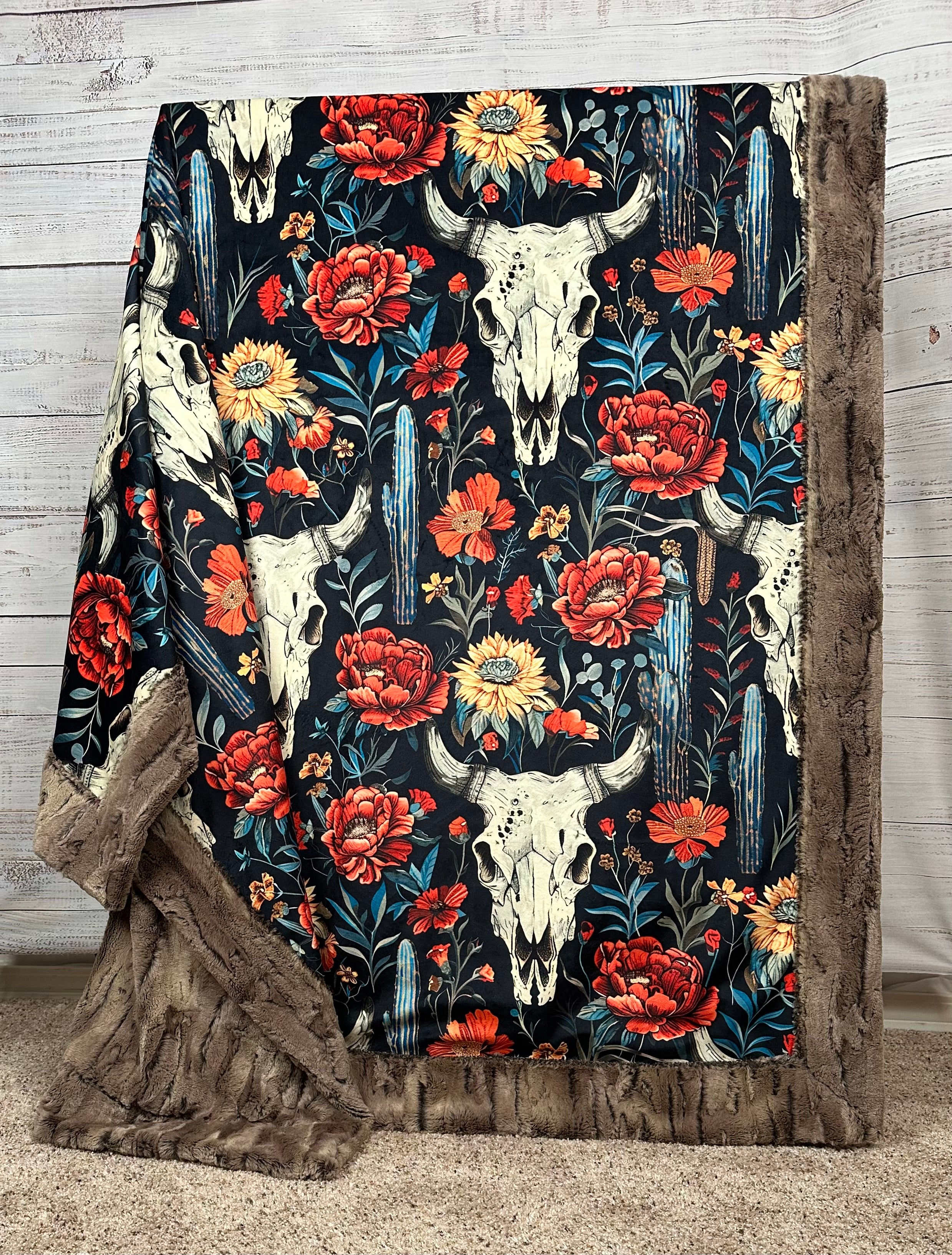 Boho Western Skull Floral Print Minky Blanket - Soft Luxe 55x79 Inches - Perfect for Bed, Couch & Home Decor - Chestnut Brown Cozy Throw Blanket