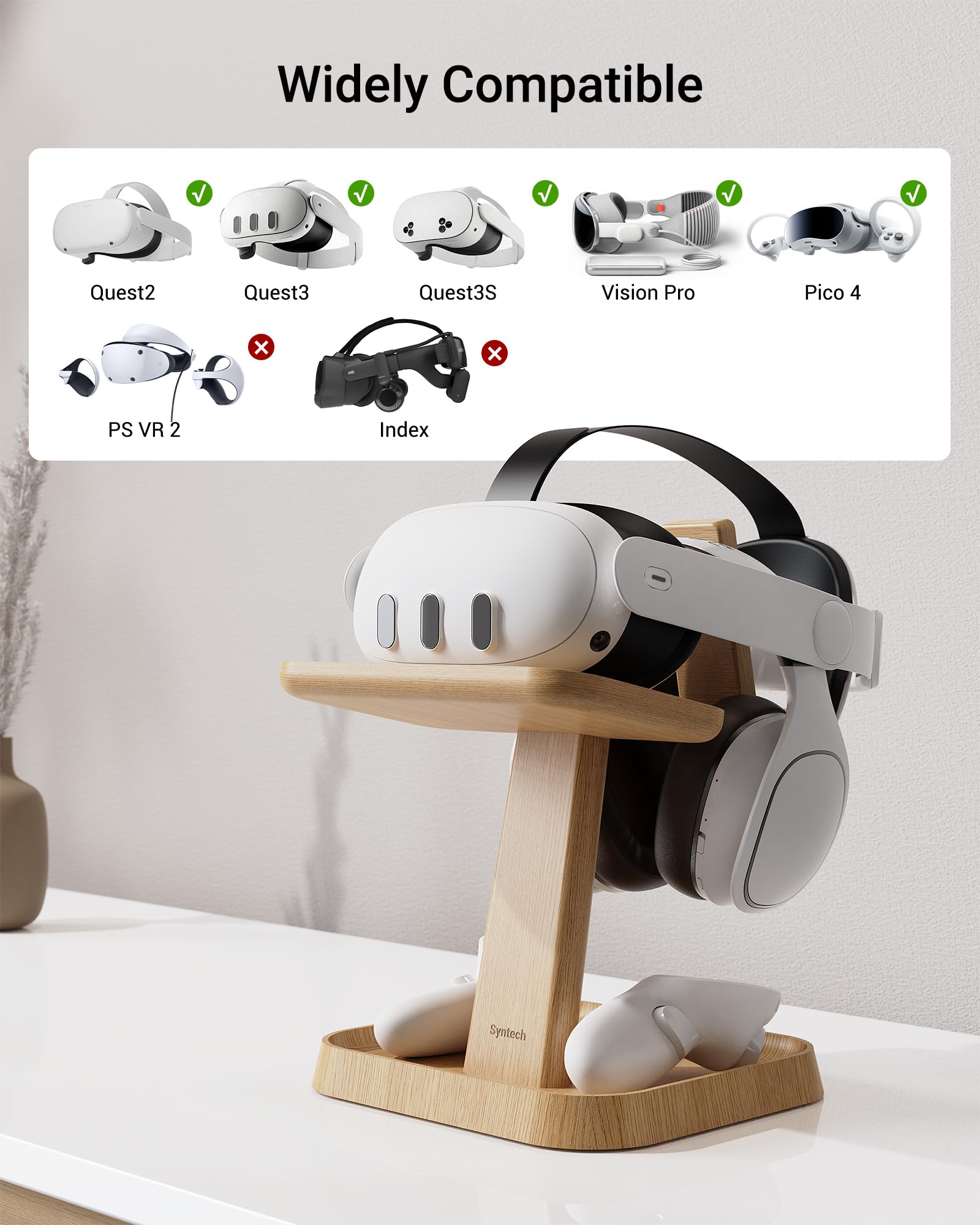 Syntech Universal Wooden VR Stand for Meta Quest 3/2/Vision Pro/Pico 4 - Headset Holder with Storage Base for VR Accessories & Elite Strap | Perfect Gaming Setup for Living Room, Bedroom & VR Gaming Stations