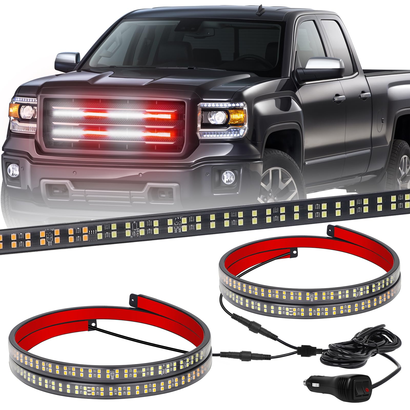 XRIDONSEN 2PCS 24 Inch LED Truck Grill Emergency Lights - 288 Red & White Strobe Flashing Warning Lights for Fire Trucks, Pickup, Emergency Vehicles | Waterproof, Durable Safety Lights for First Responders & Roadside Assistance