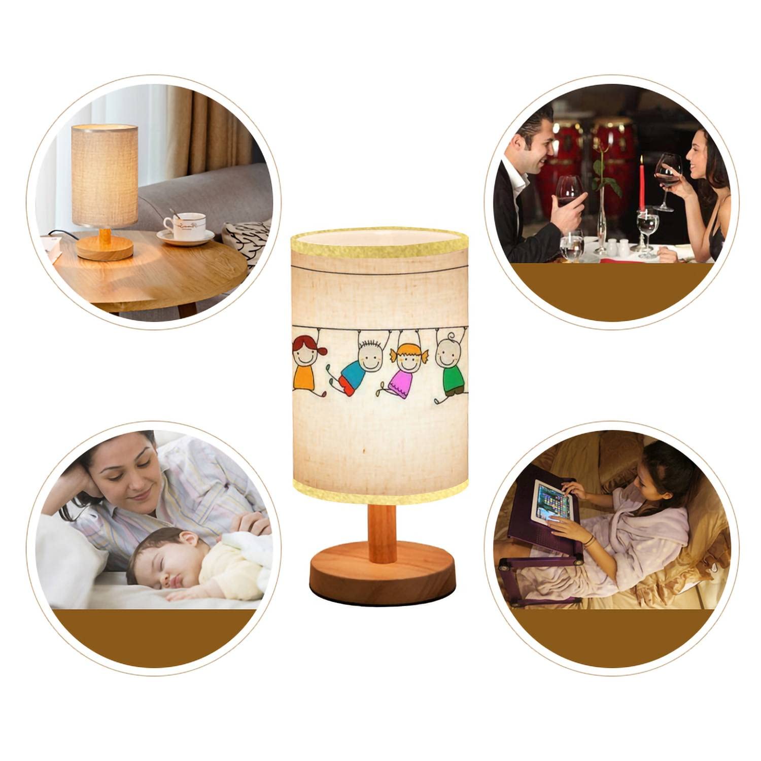 Minimalist Wooden Nightstand Lamp with Flaxen Fabric Shade - Happy Kids Design Bedside Table Lamp for Bedroom, Living Room & Nursery - Perfect for Reading, Relaxing & Creating Cozy Atmosphere