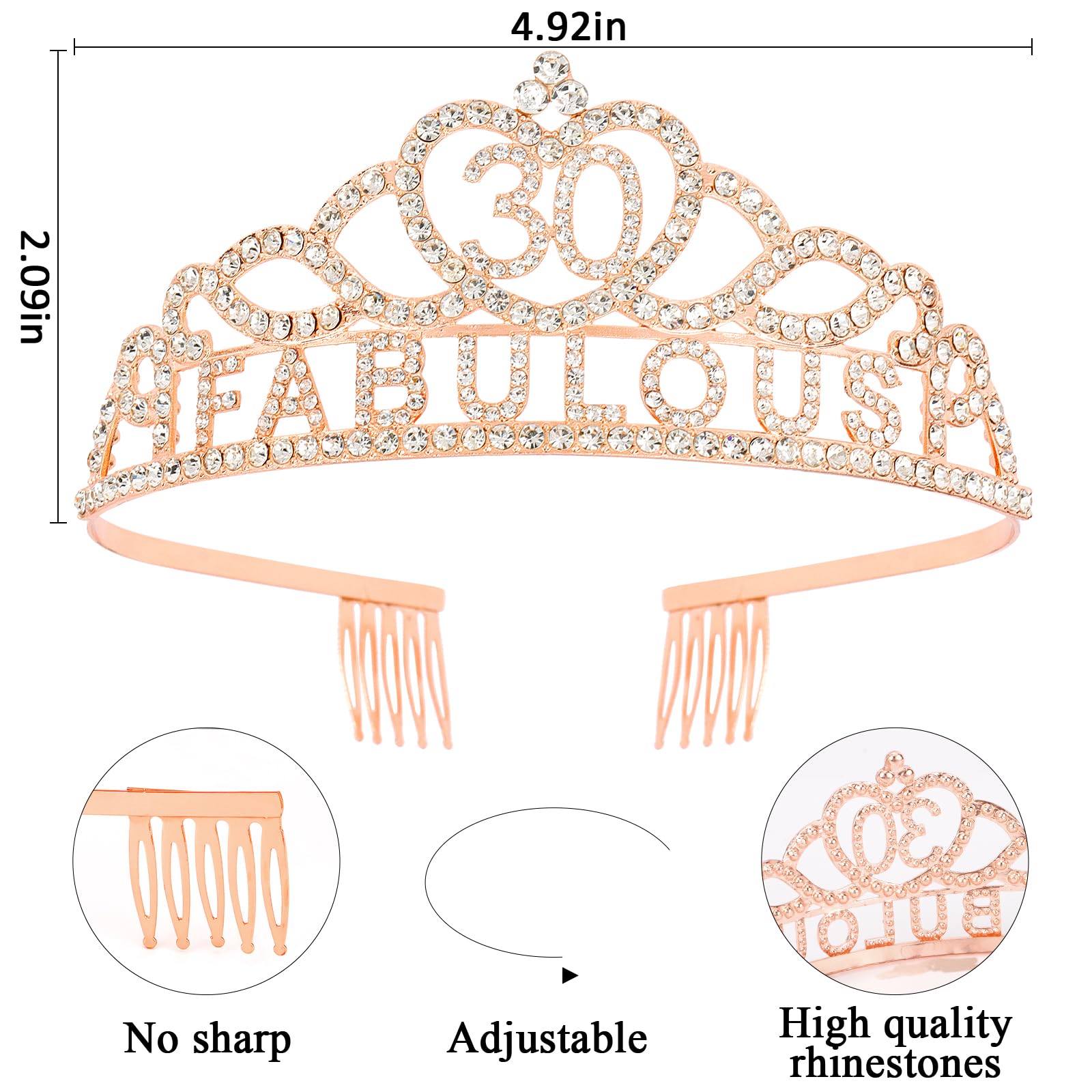 Rose Gold 30th Birthday Crown & Sash Set for Women - Elegant 30th Birthday Party Decorations, Dress Outfit & Gifts for Her - Perfect for Birthday Celebrations, Photo Shoots & Special Occasions