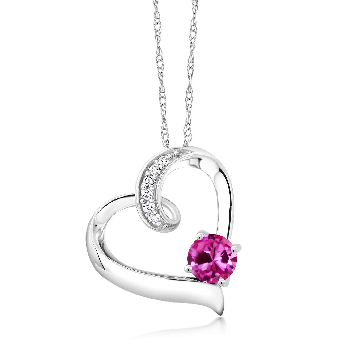 10K White Gold 5MM Round Birthstone & Lab Diamond Heart Pendant Necklace for Women | 18