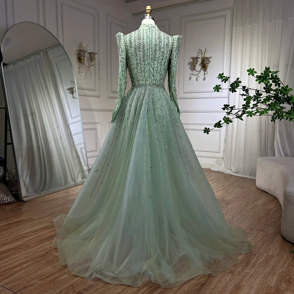 Luxury Sage Green Beaded Evening Gown - Arabic Designer Dubai A-Line Dress for Women | Wedding, Party & Formal Events 2025 | Elegant Prom, Gala & Special Occasion Wear