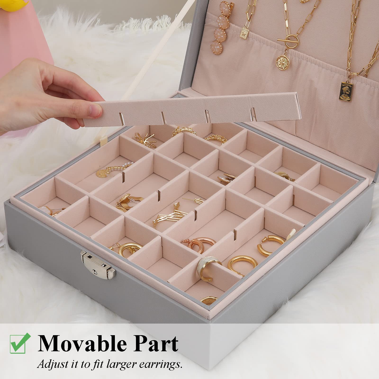 Misaya 50-Slot Jewelry Organizer Box for Women - Earring Holder for Rings & Necklaces - Perfect Gift for Mom (Grey) - Ideal for Travel, Home Storage & Jewelry Display