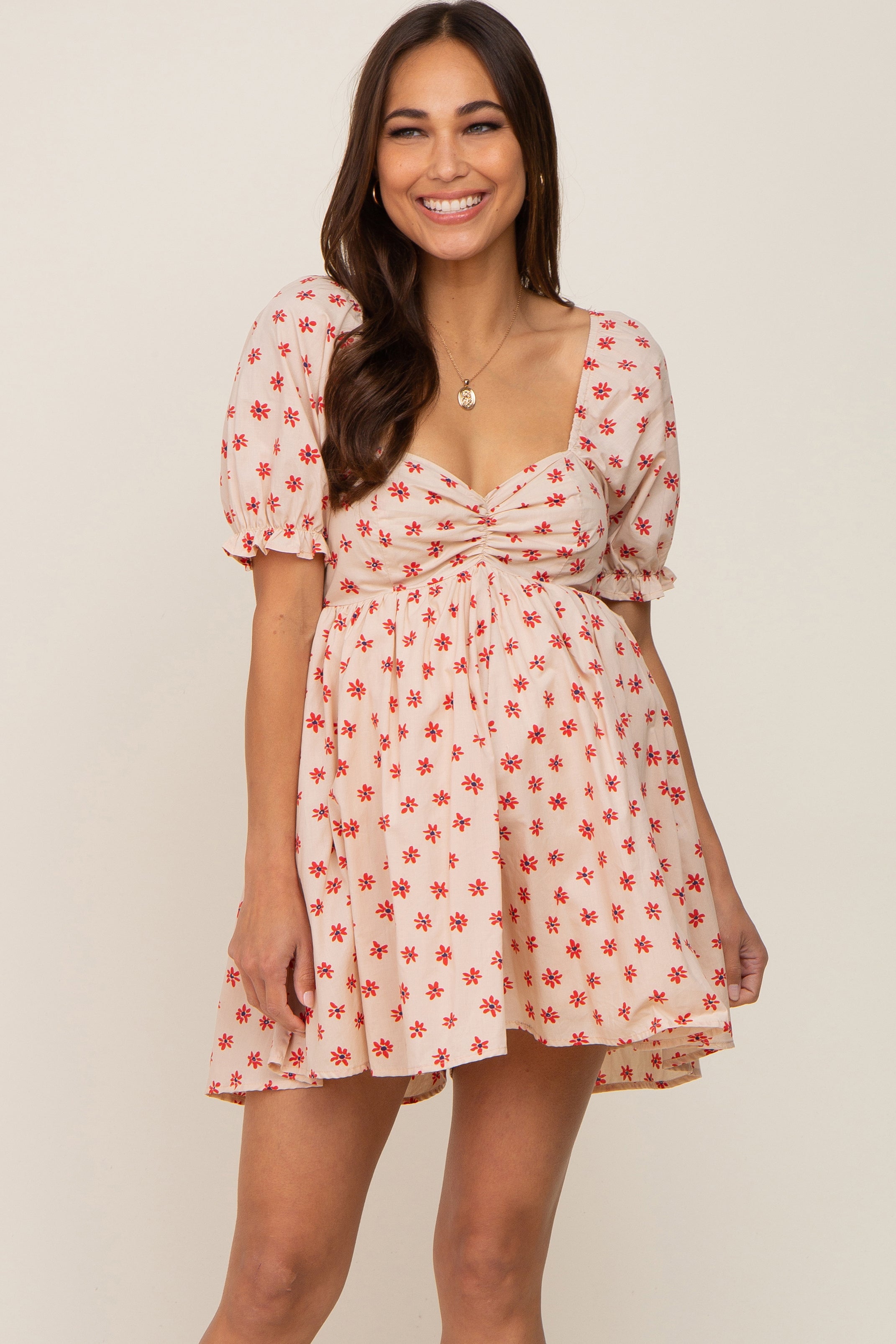 Beige Floral Puff Sleeve Maternity Romper - Stylish Pregnancy Jumpsuit for Moms-to-Be | Perfect for Baby Showers, Maternity Photos & Summer Outfits