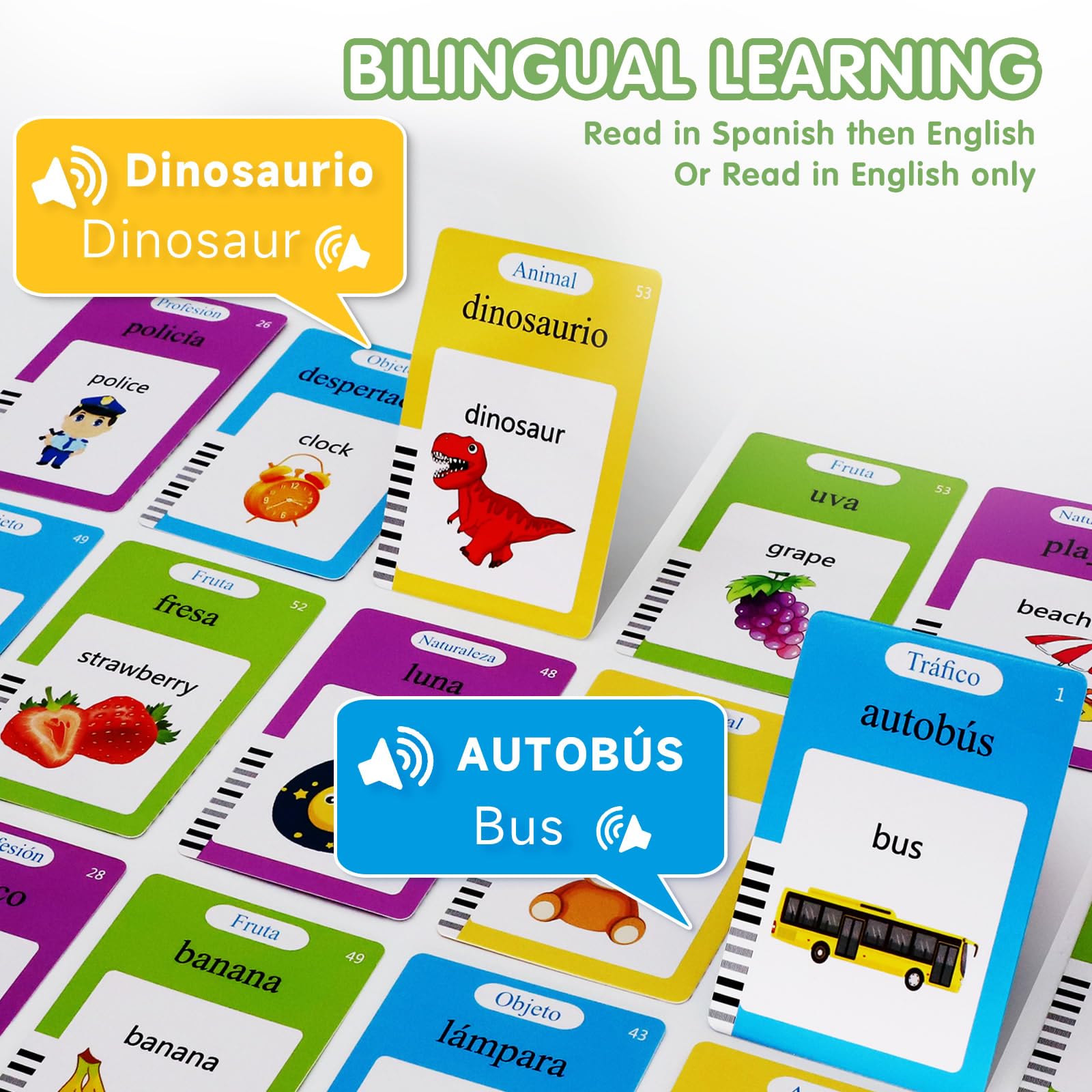Whongkidz Spanish English Bilingual Talking Flash Cards - 112 Audible Learning Cards for Kids & Toddlers, Autism Sensory & Speech Therapy Educational Toys (Blue) - Perfect for Home, Classroom & Travel Learning Activities