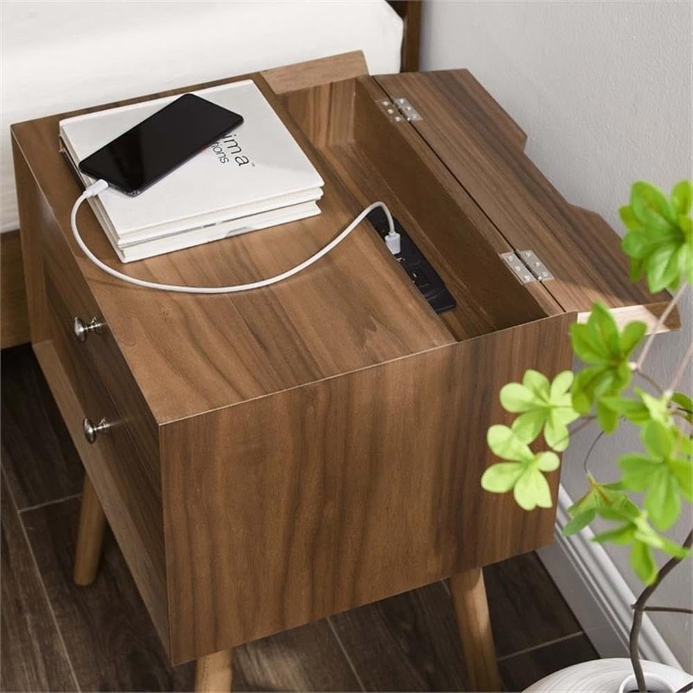 Modern Walnut Wood Nightstand with USB Ports - Stylish Bedside Table for Bedroom, Living Room & Office Storage
