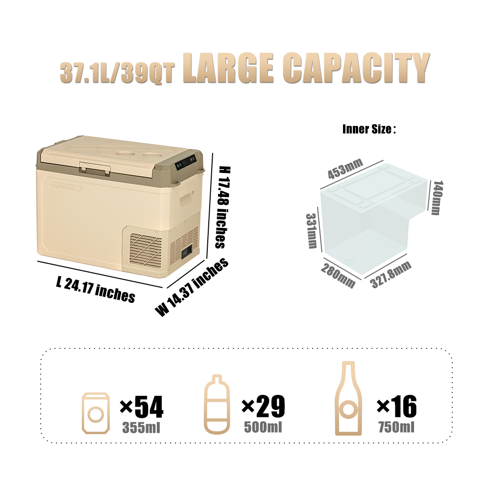 Alpicool GE40 Portable Car Refrigerator Freezer 12V/24V - 40 Quart Compact Fridge for Road Trips, Camping & Outdoor Adventures