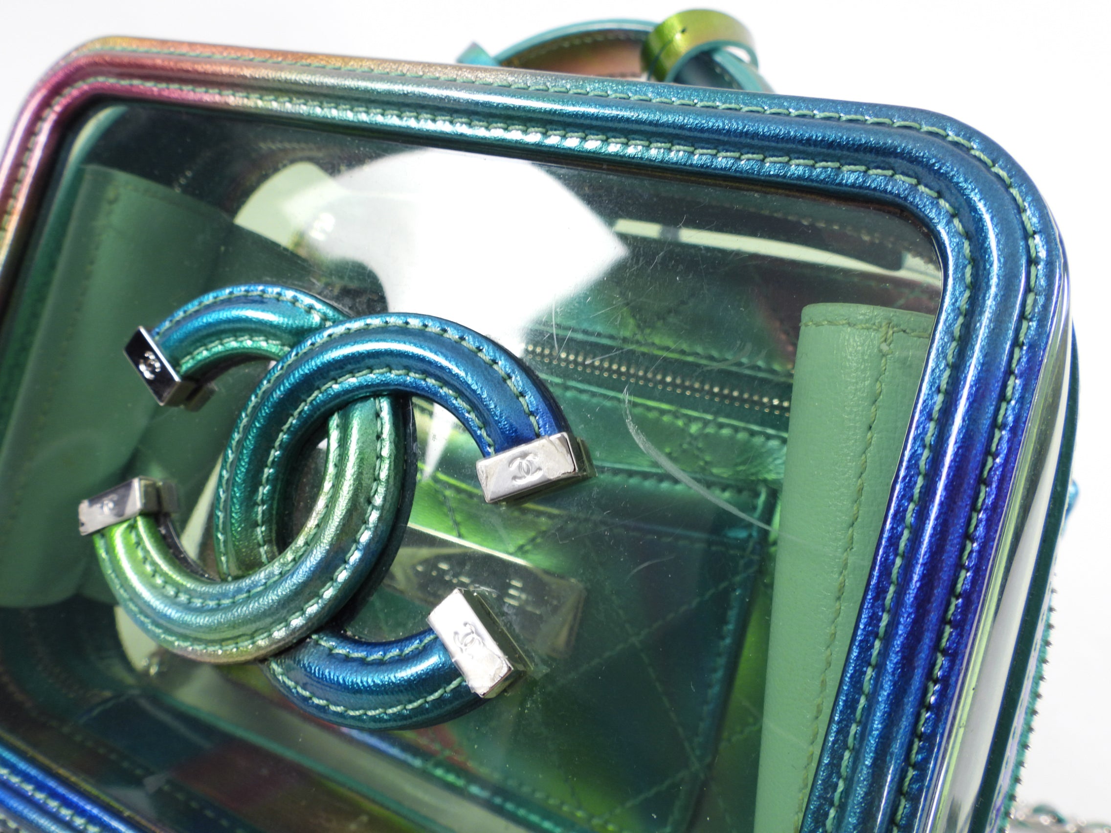 Chanel 20C Iridescent Rainbow Filigree Clear PVC CC Vanity Case - Luxury Designer Cosmetic Bag for Women, Perfect for Travel & Everyday Use