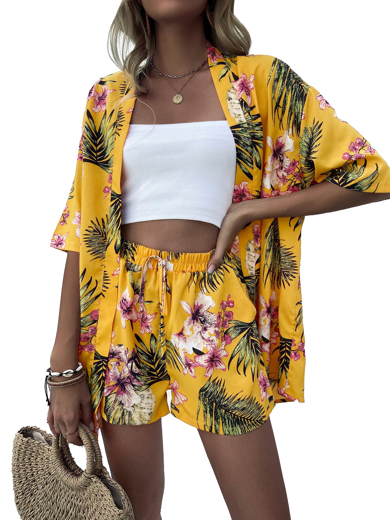 MakeMeChic Women's Tropical Print 2 Piece Outfit - Half Sleeve Blouse & Shorts Set | Summer Beach Vacation, Pool Party & Casual Outfit