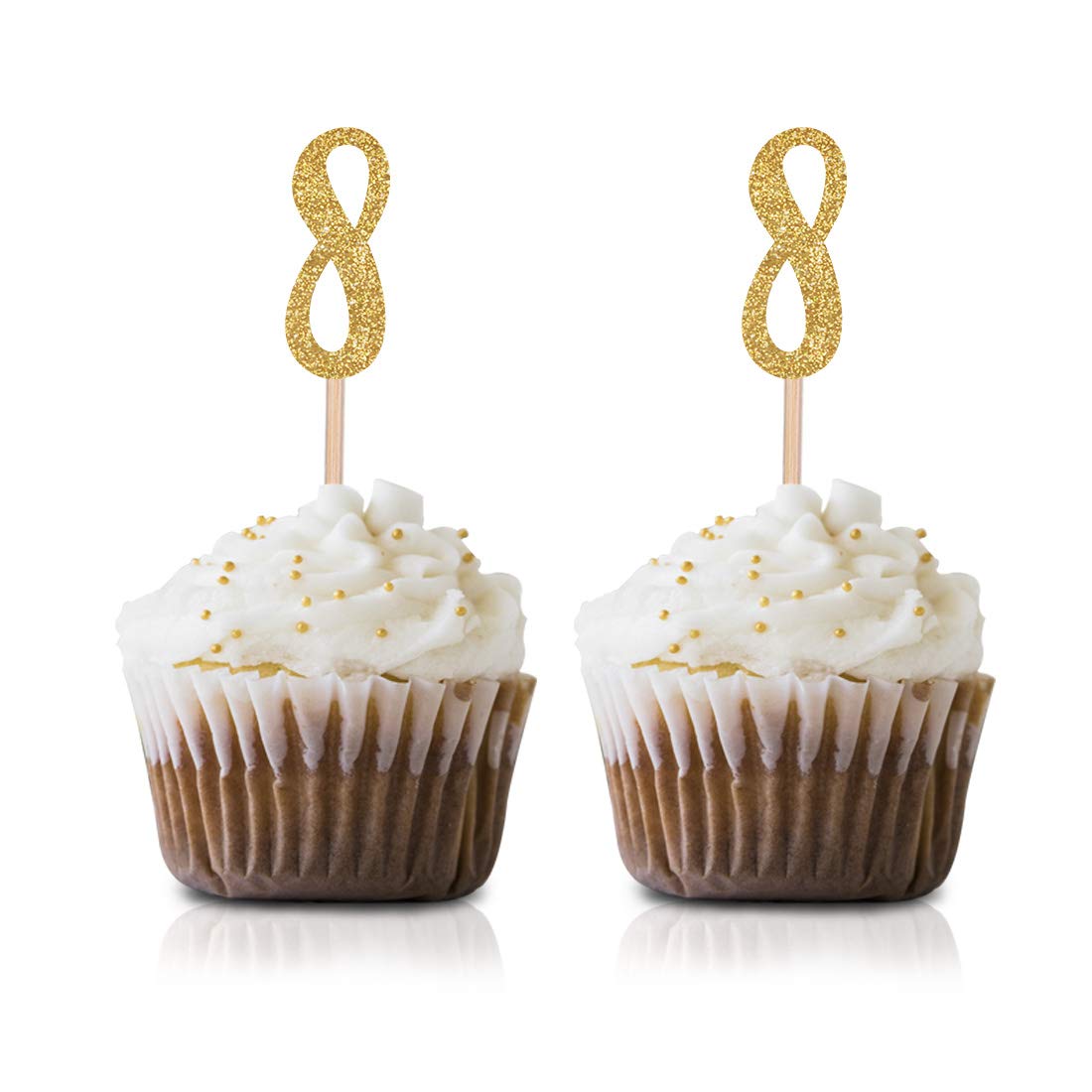 24-Pack Gold Happy 8th Birthday Cupcake Toppers with Glitter Number 8 - Party Decorations for Kids Birthday Cakes, Cupcakes, and Desserts